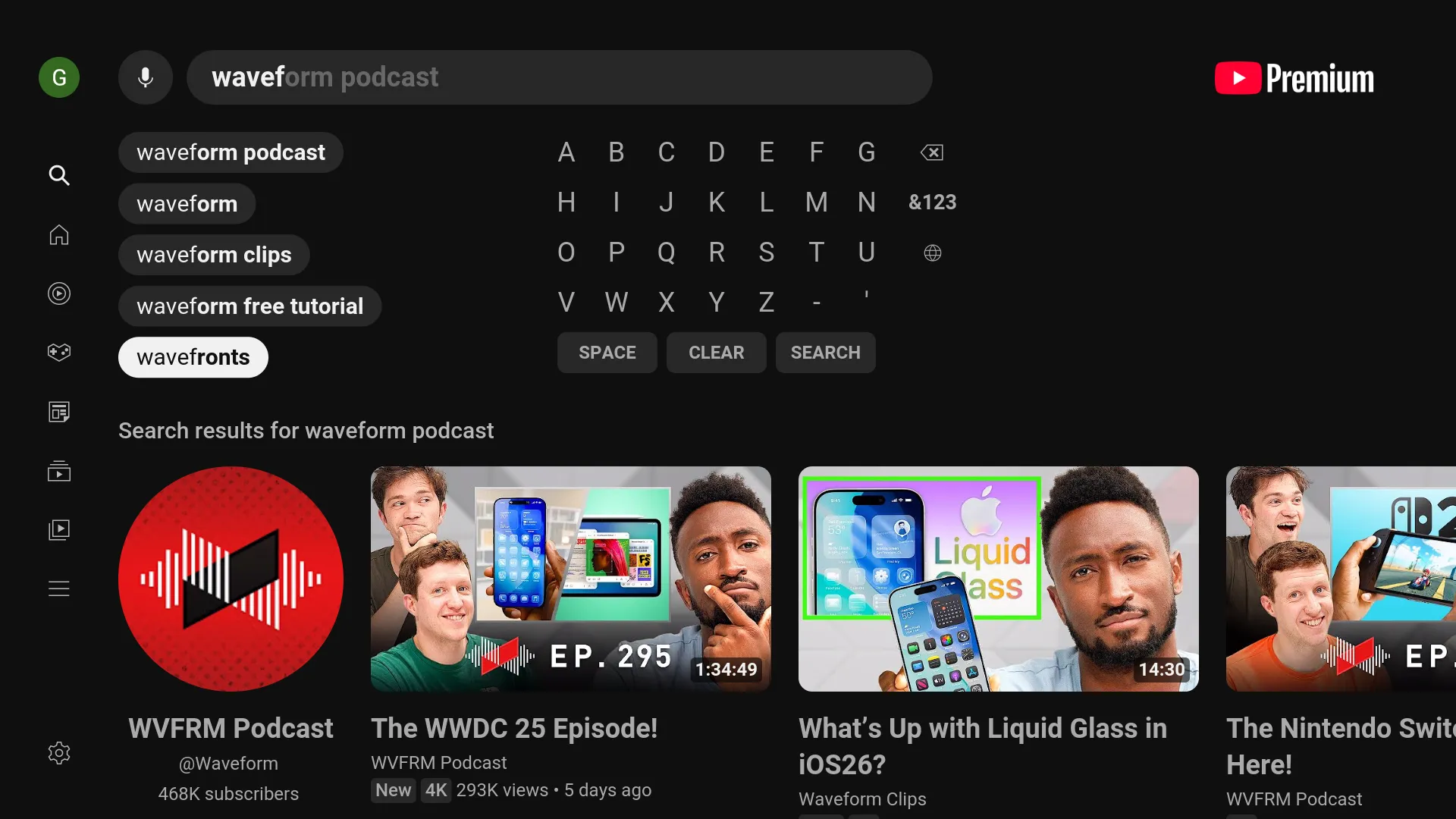 Màn hình tìm kiếm podcast trong ứng dụng YouTube trên TV, hiển thị kết quả cho &quot;The Daily&quot;