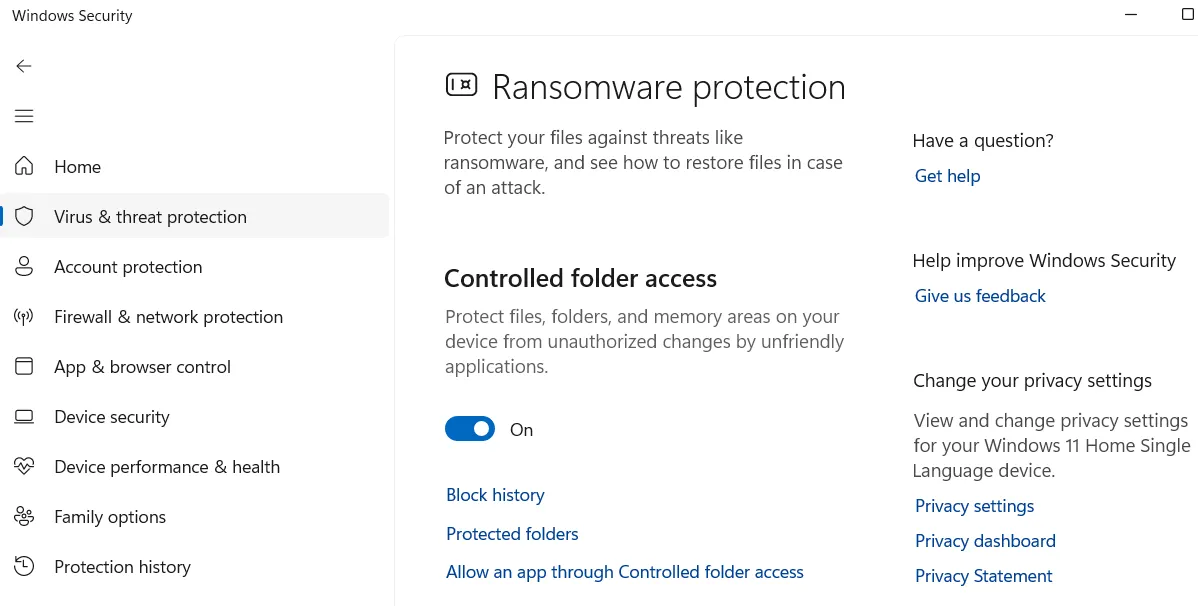 Màn hình tính năng Kiểm soát truy cập thư mục được bảo vệ trong Windows Security, giúp ngăn chặn ransomware truy cập dữ liệu.