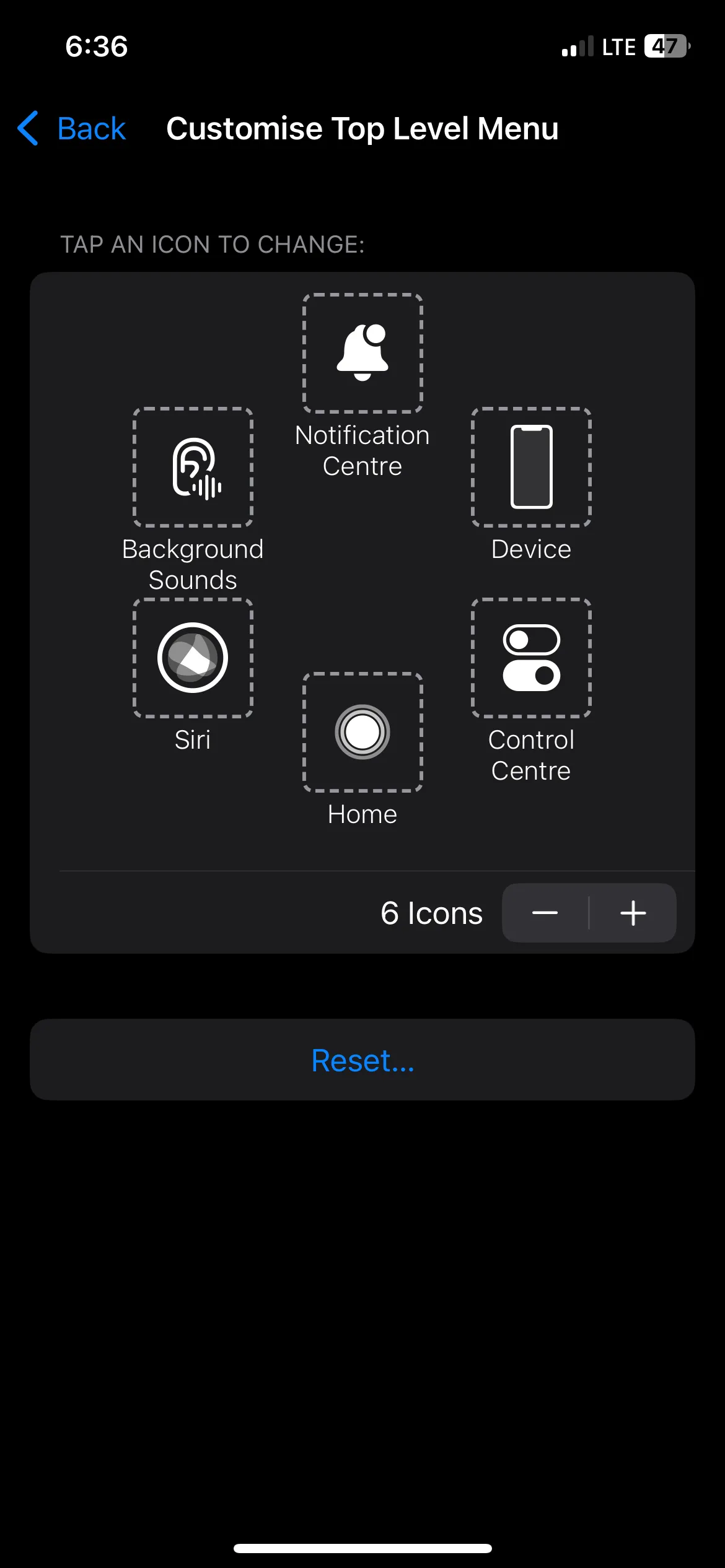 Màn hình tùy chỉnh menu cấp cao nhất của AssistiveTouch trên iPhone.