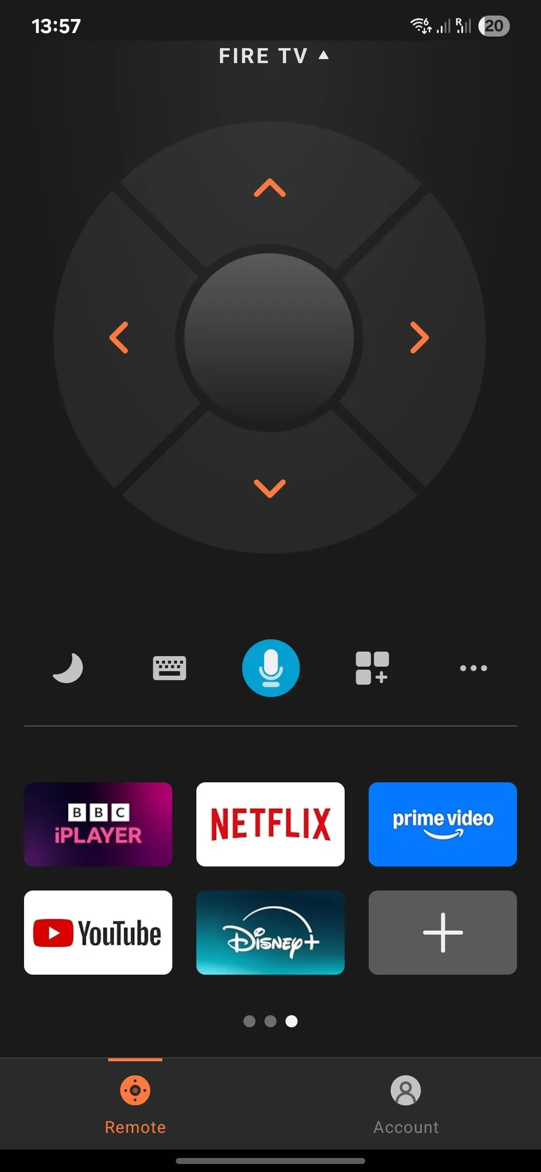 Màn hình ứng dụng Amazon Fire TV trên điện thoại với danh sách các ứng dụng nhanh.
