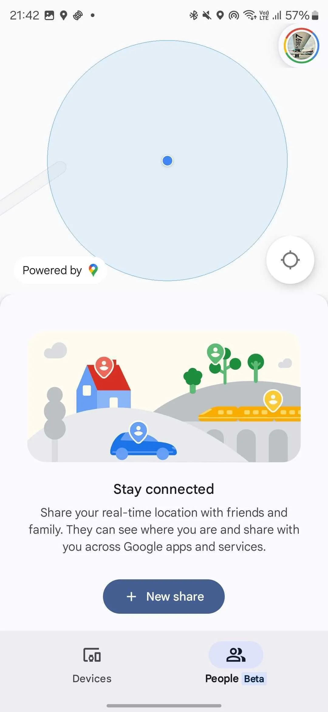 Màn hình ứng dụng Find My Device, tab People (Beta) với tùy chọn chia sẻ mới