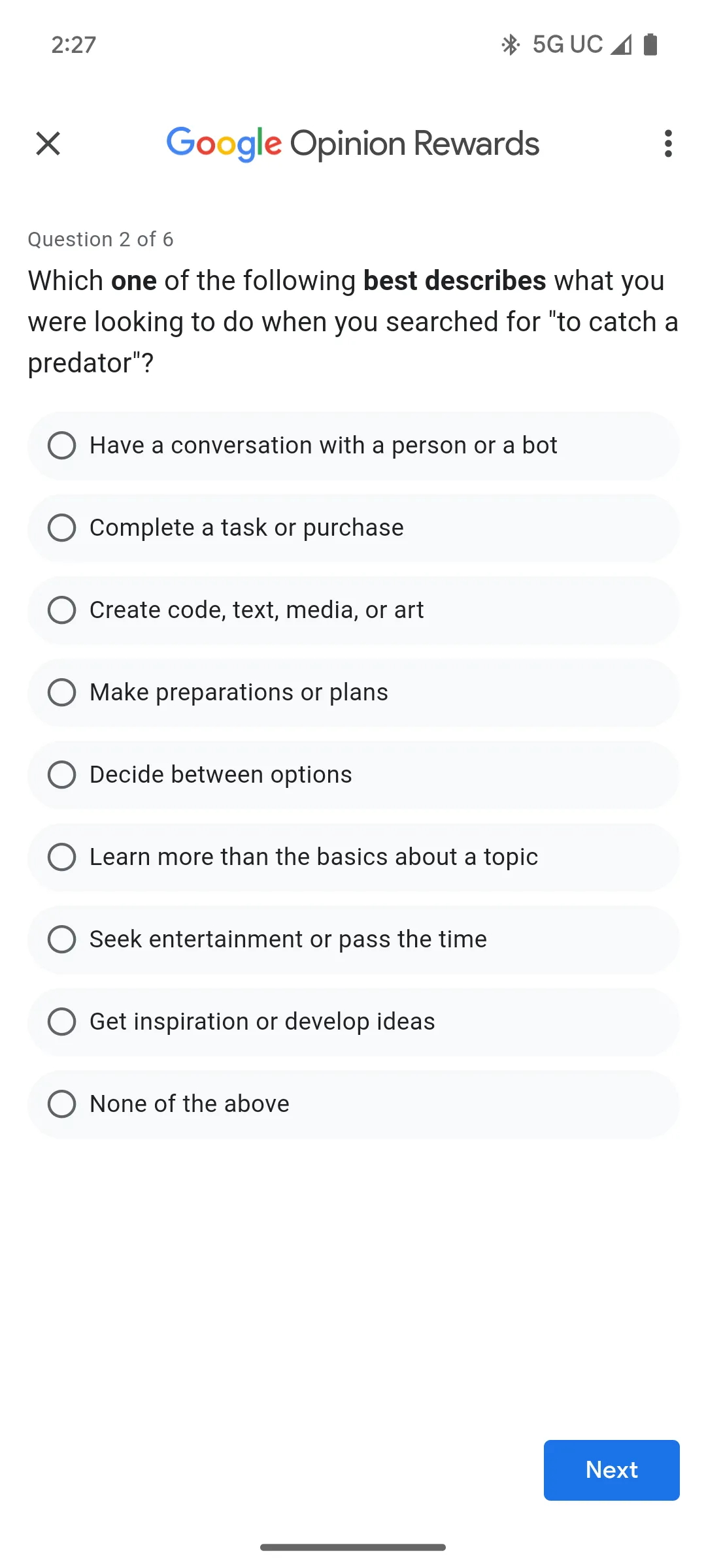 Màn hình ứng dụng Google Opinion Rewards hiển thị một câu hỏi khảo sát với nhiều lựa chọn trả lời
