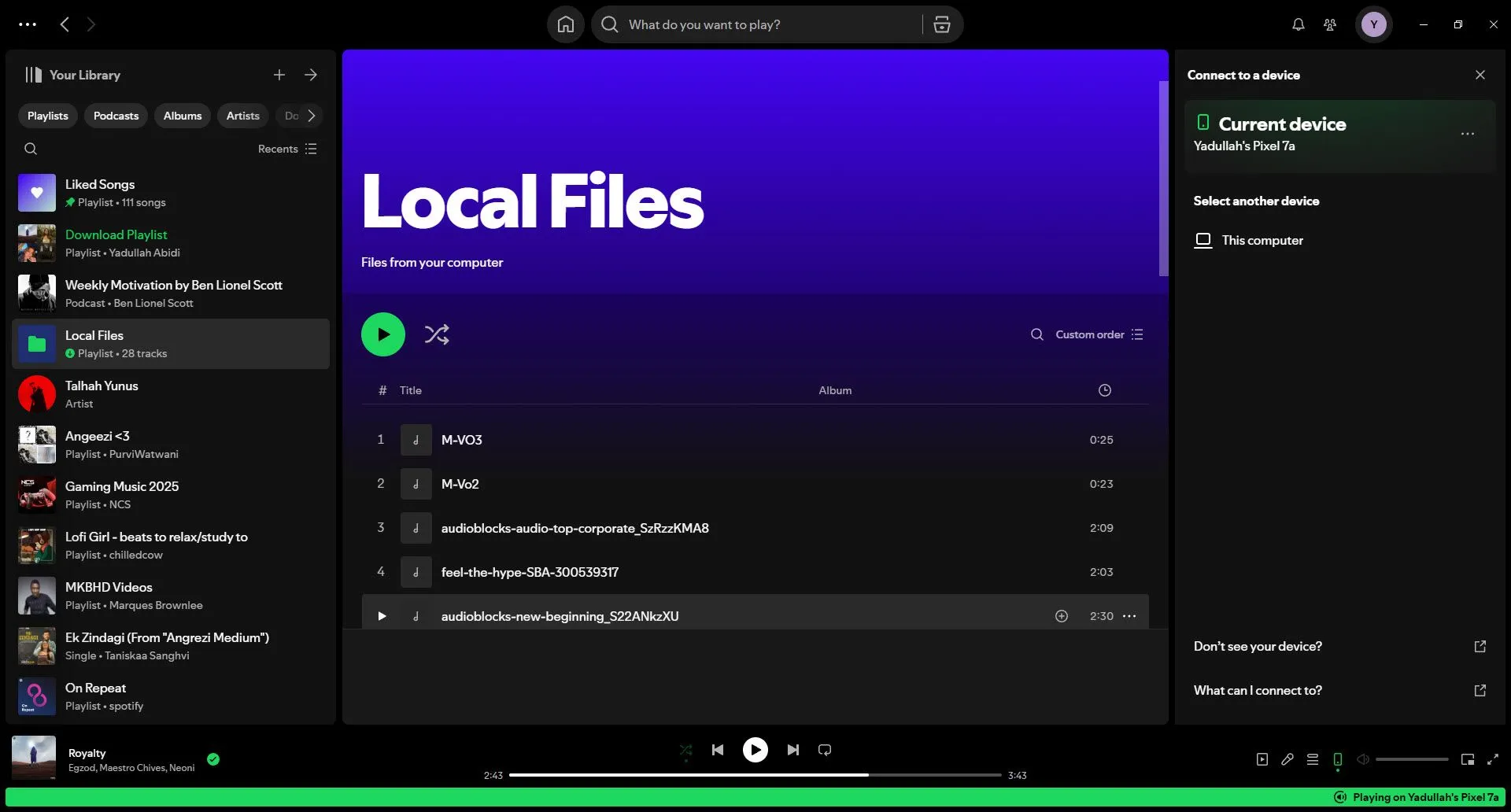 Màn hình ứng dụng Spotify trên Windows minh họa Spotify Connect đang hoạt động, cho phép chuyển đổi thiết bị phát nhạc mượt mà