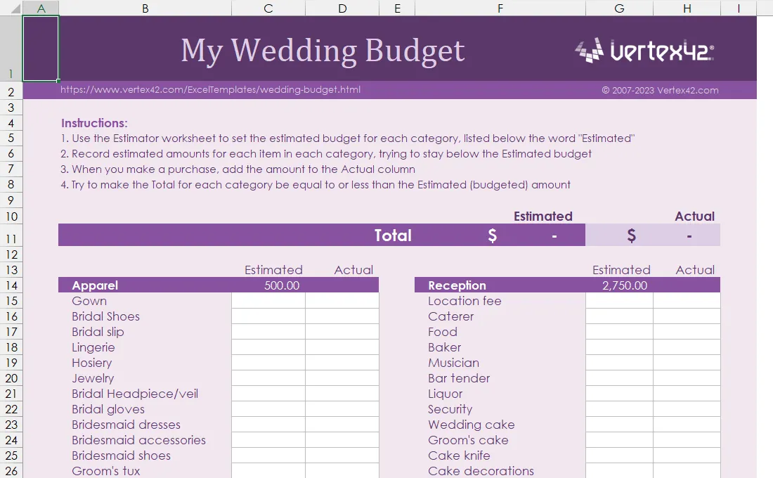 Mẫu Excel lập kế hoạch ngân sách đám cưới Wedding Budget Planner
