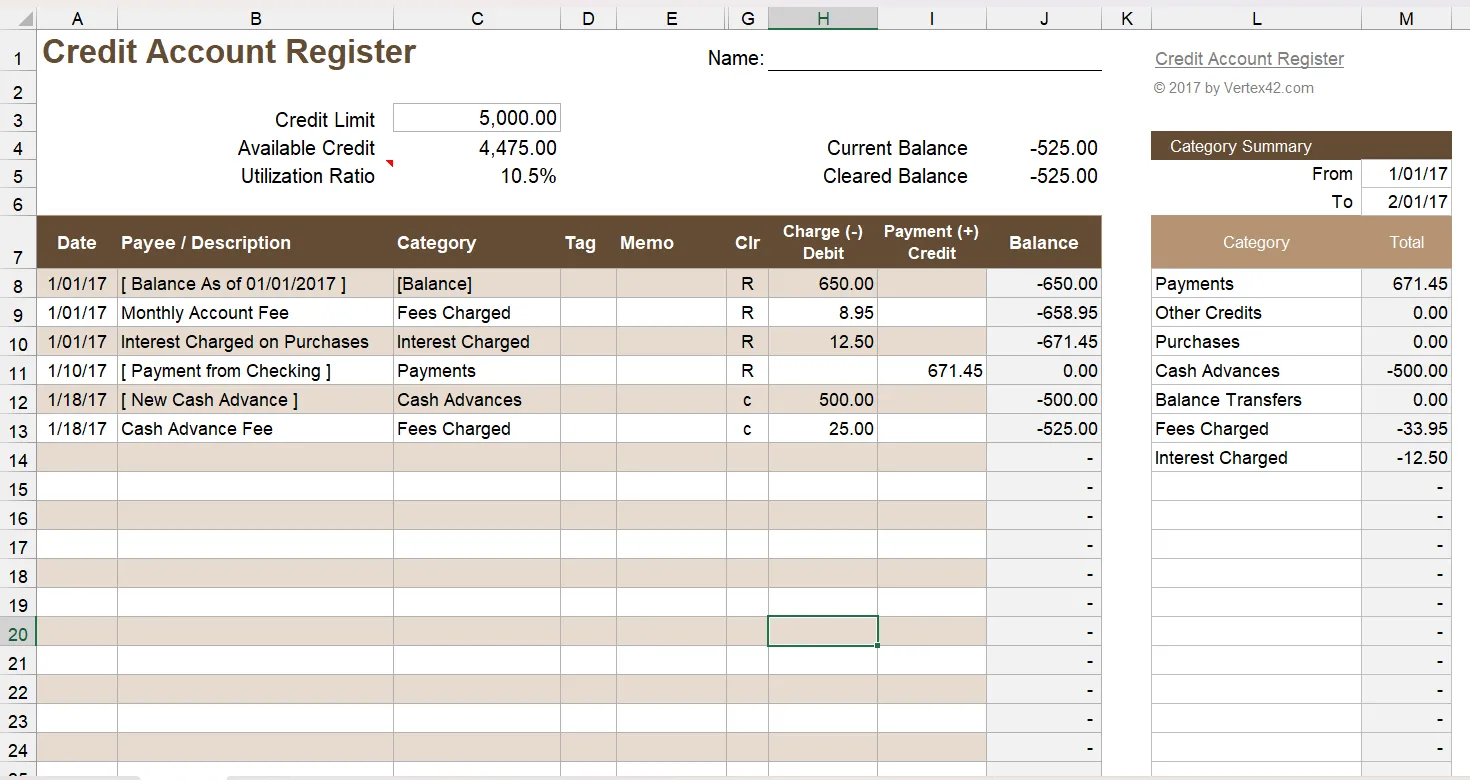Mẫu Excel sổ đăng ký tài khoản tín dụng Credit Account Register Template