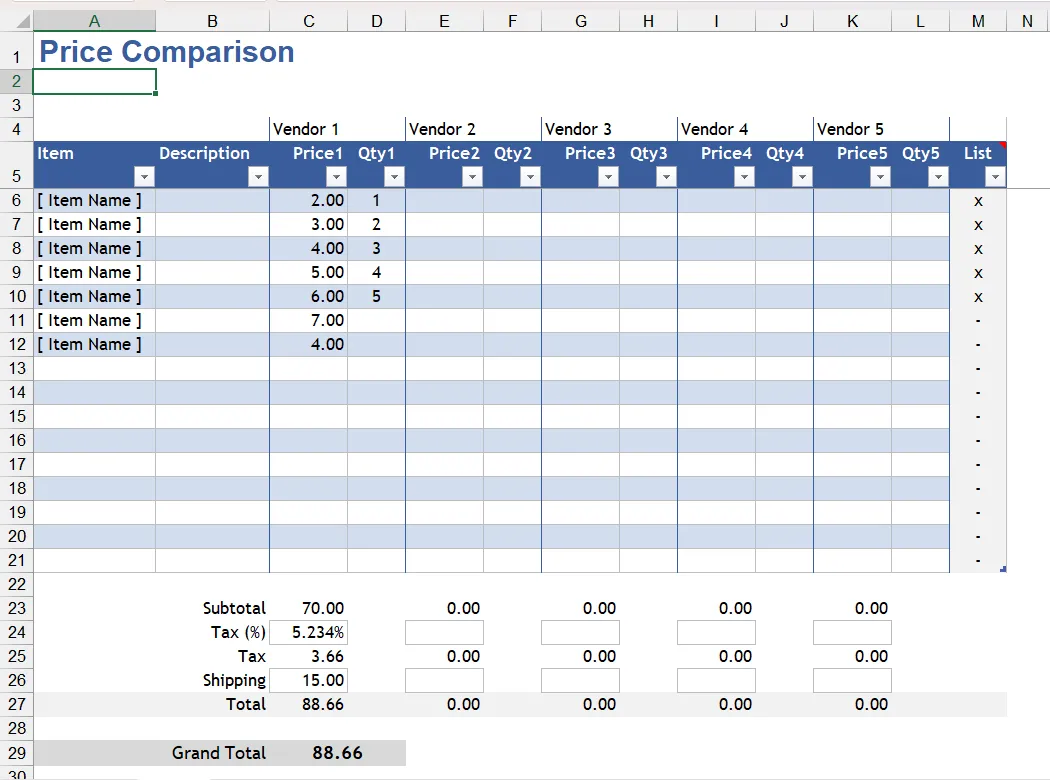 Mẫu Excel so sánh giá sản phẩm Price Comparison Template