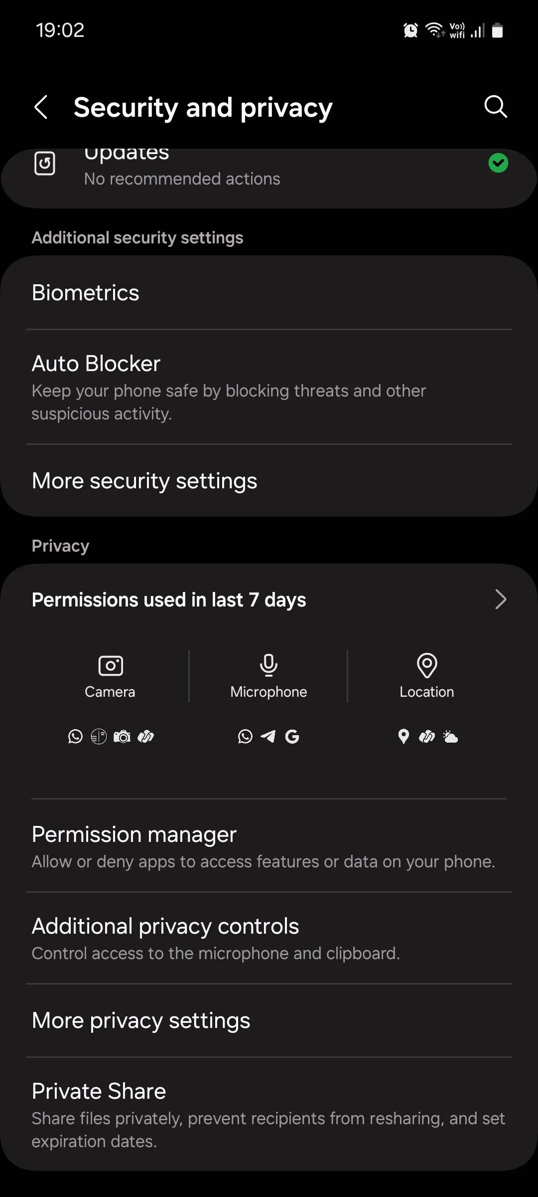 Menu bảo mật và quyền riêng tư trên điện thoại Samsung One UI