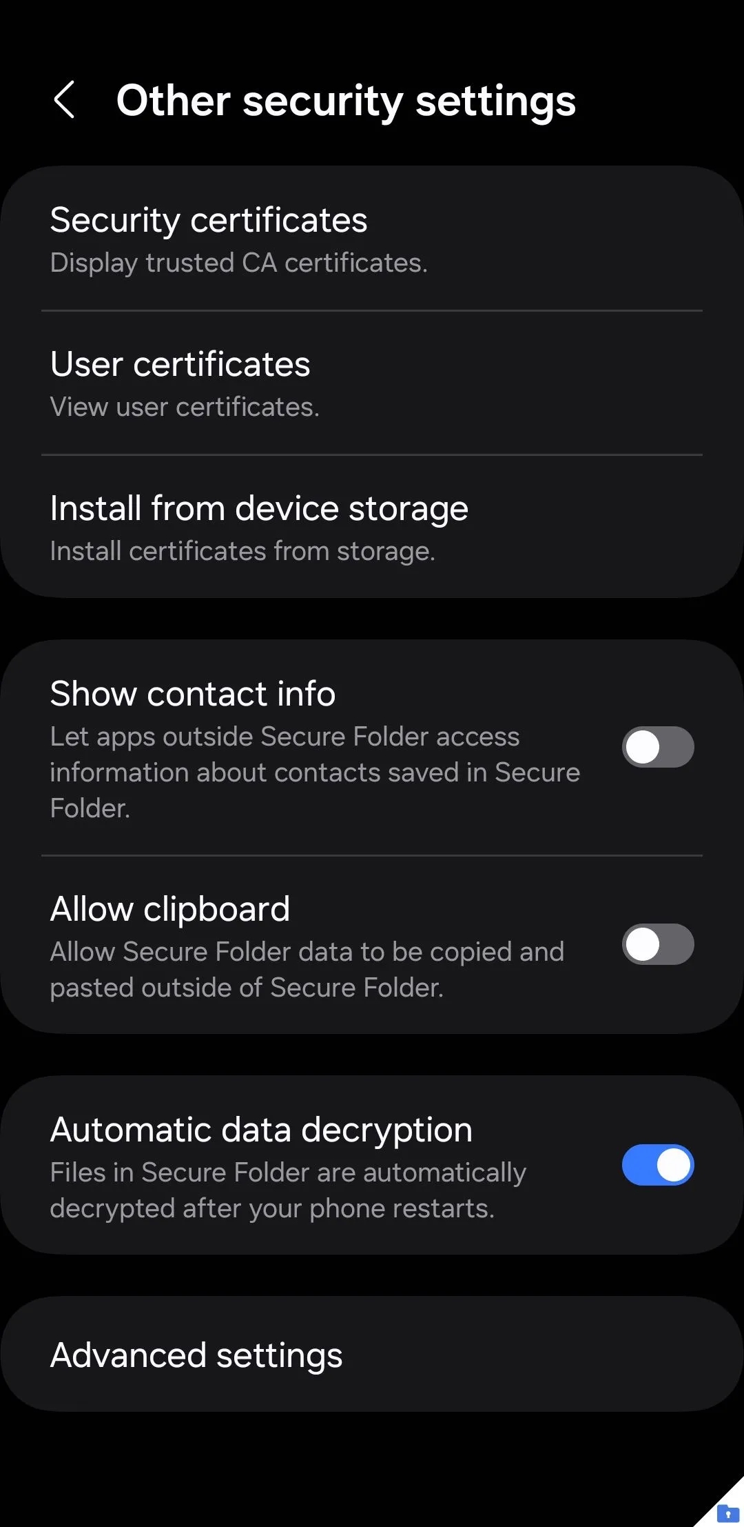 Menu cài đặt bảo mật của Thư mục Bảo mật trên Samsung Galaxy