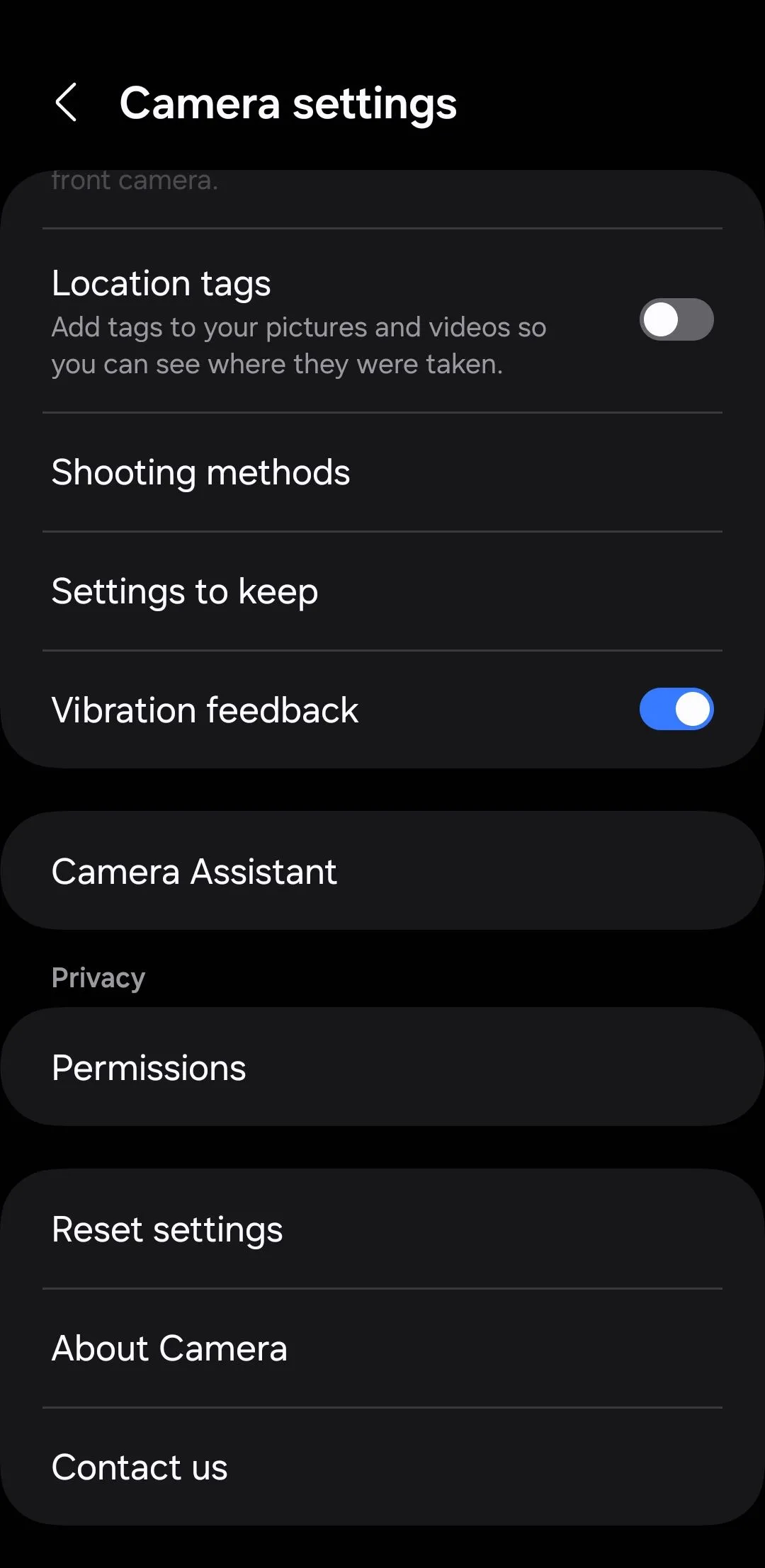 Menu cài đặt camera Samsung với tùy chọn truy cập Camera Assistant