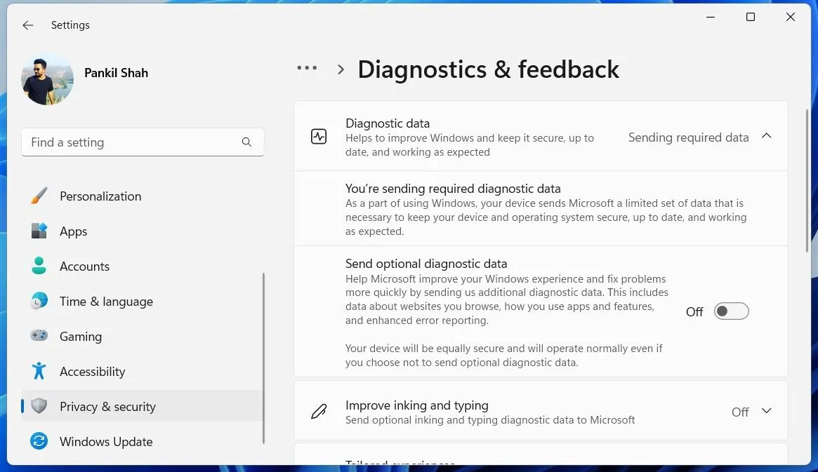 Menu cài đặt chẩn đoán và quyền riêng tư trong ứng dụng Cài đặt của Windows 11