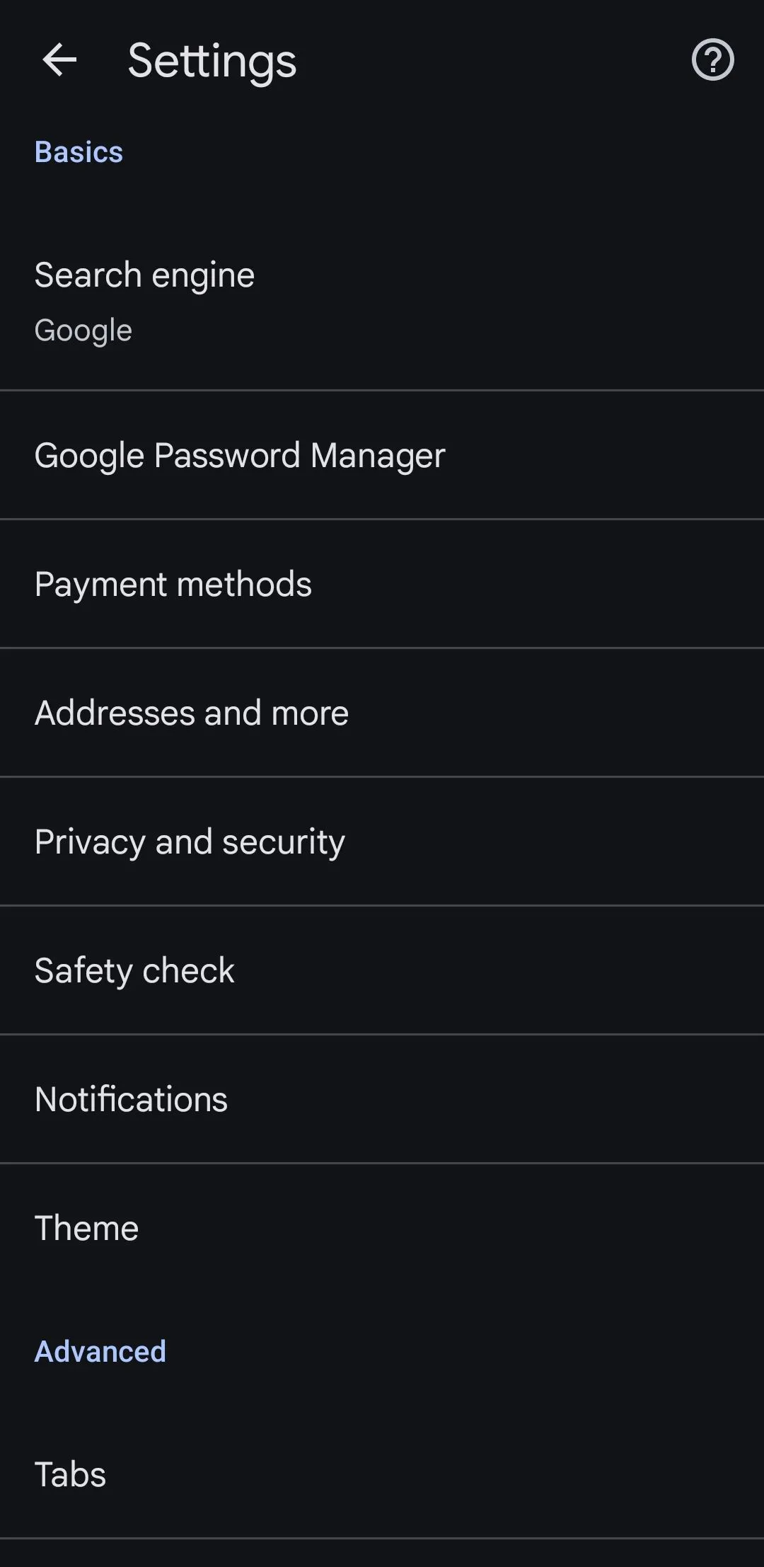 Menu cài đặt Chrome trên Android