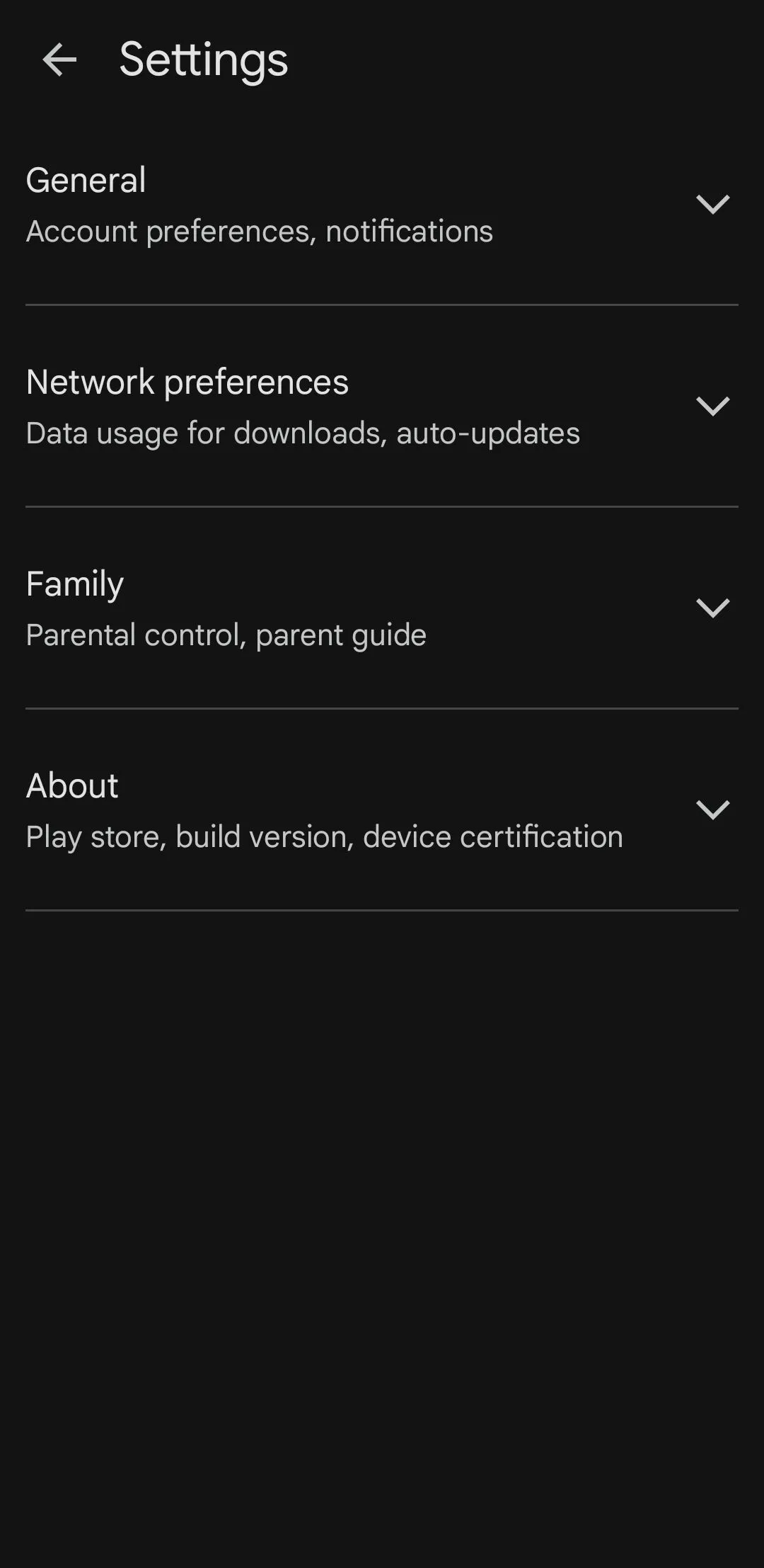 Menu cài đặt Google Play Store trên điện thoại Samsung