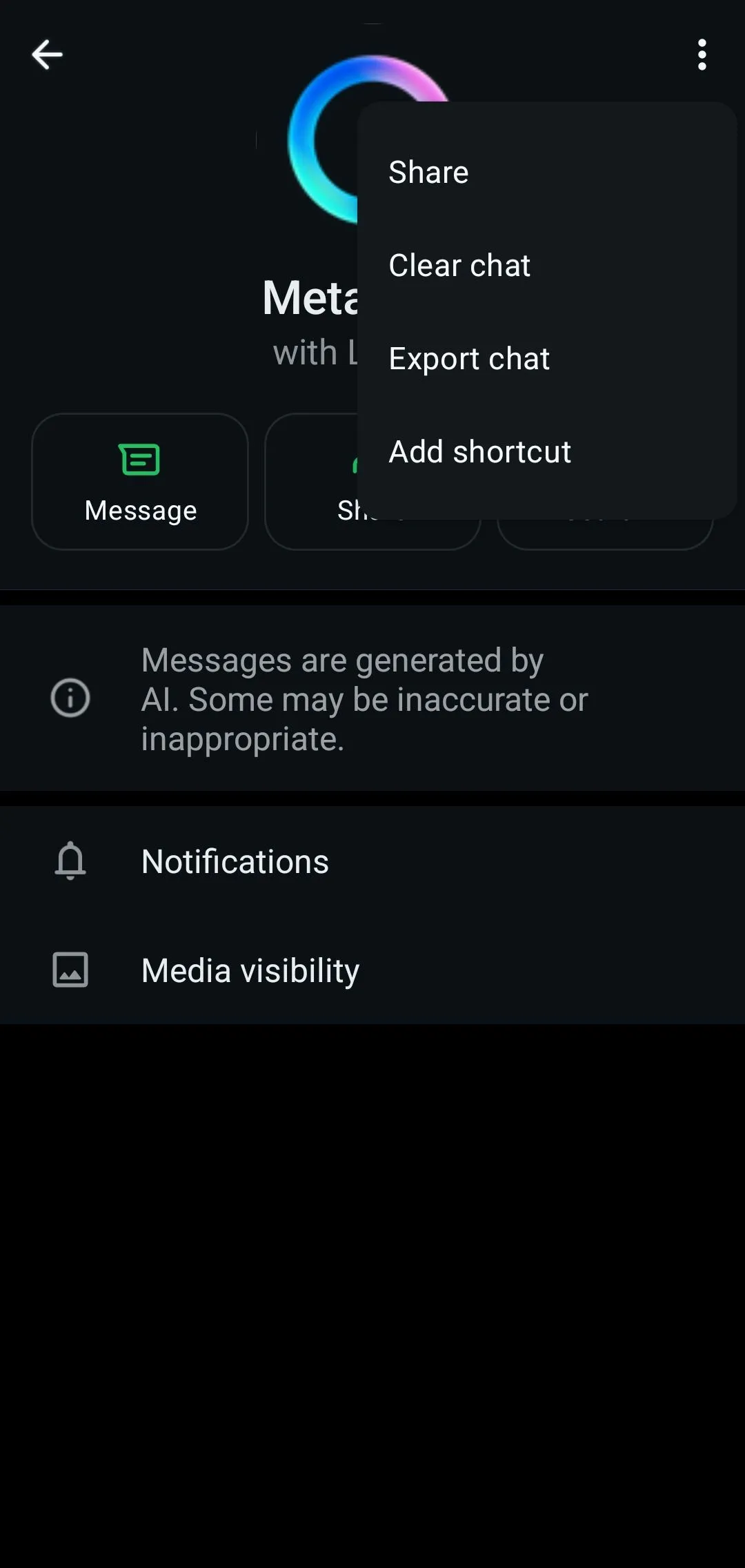 Menu cài đặt hồ sơ WhatsApp hiển thị tùy chọn Meta AI