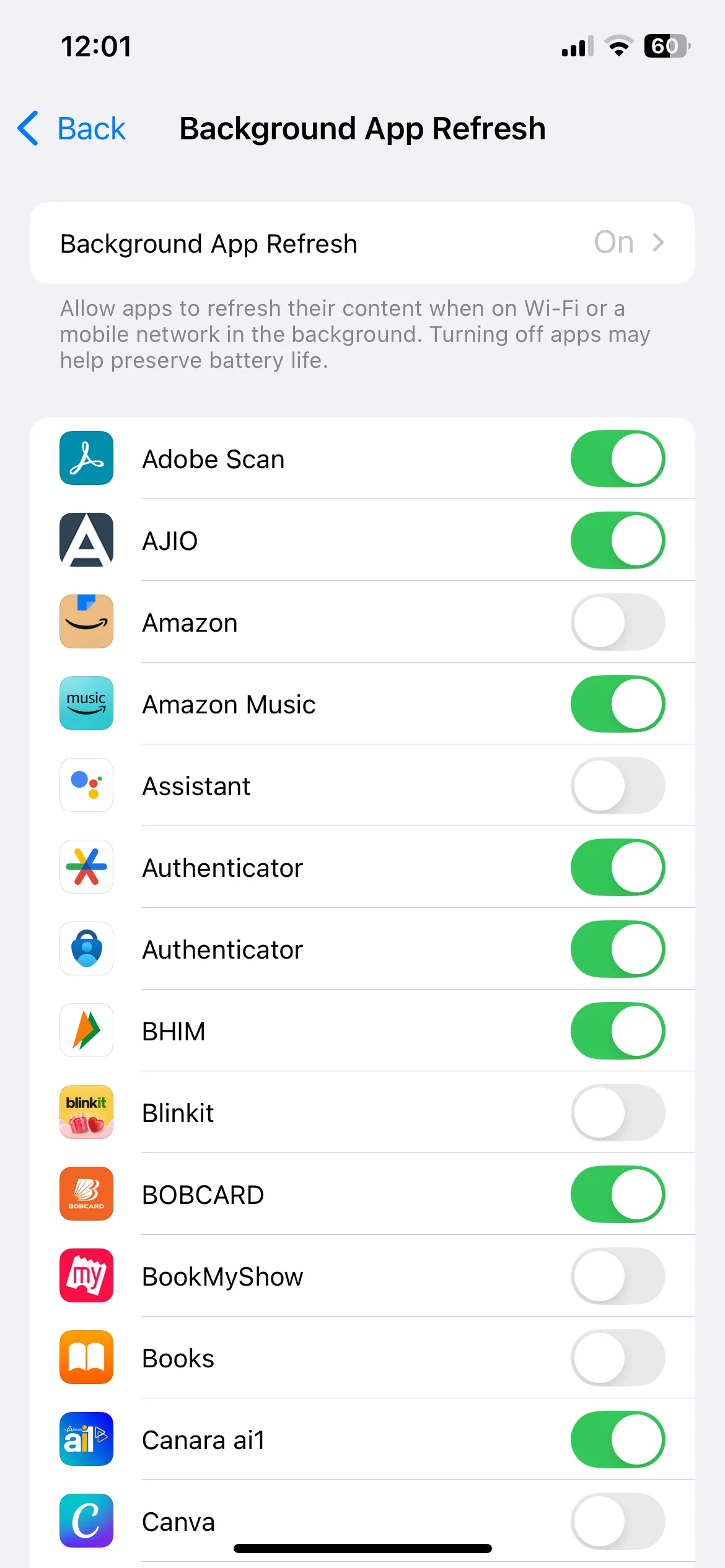 Menu cài đặt Làm mới ứng dụng trong nền trên iPhone
