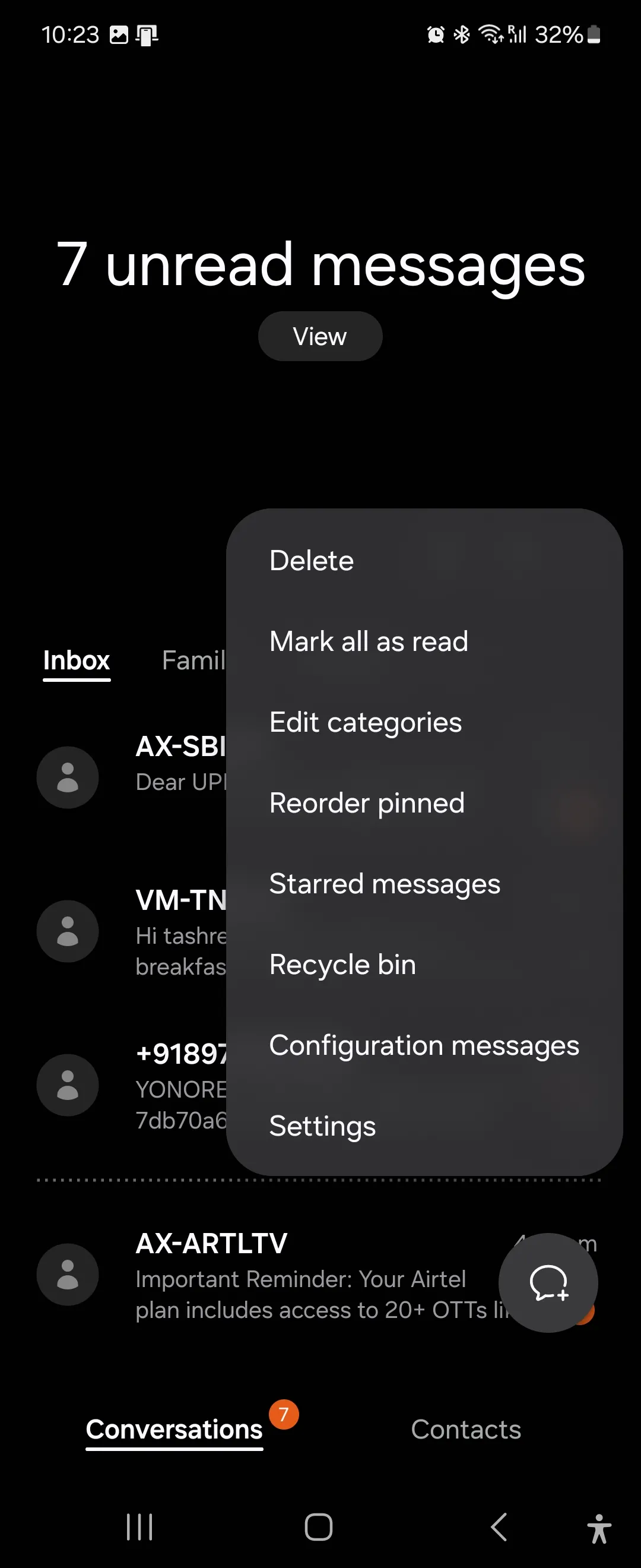 Menu cài đặt nâng cao của ứng dụng Samsung Messages, cho phép người dùng tùy chỉnh các tùy chọn tin nhắn.
