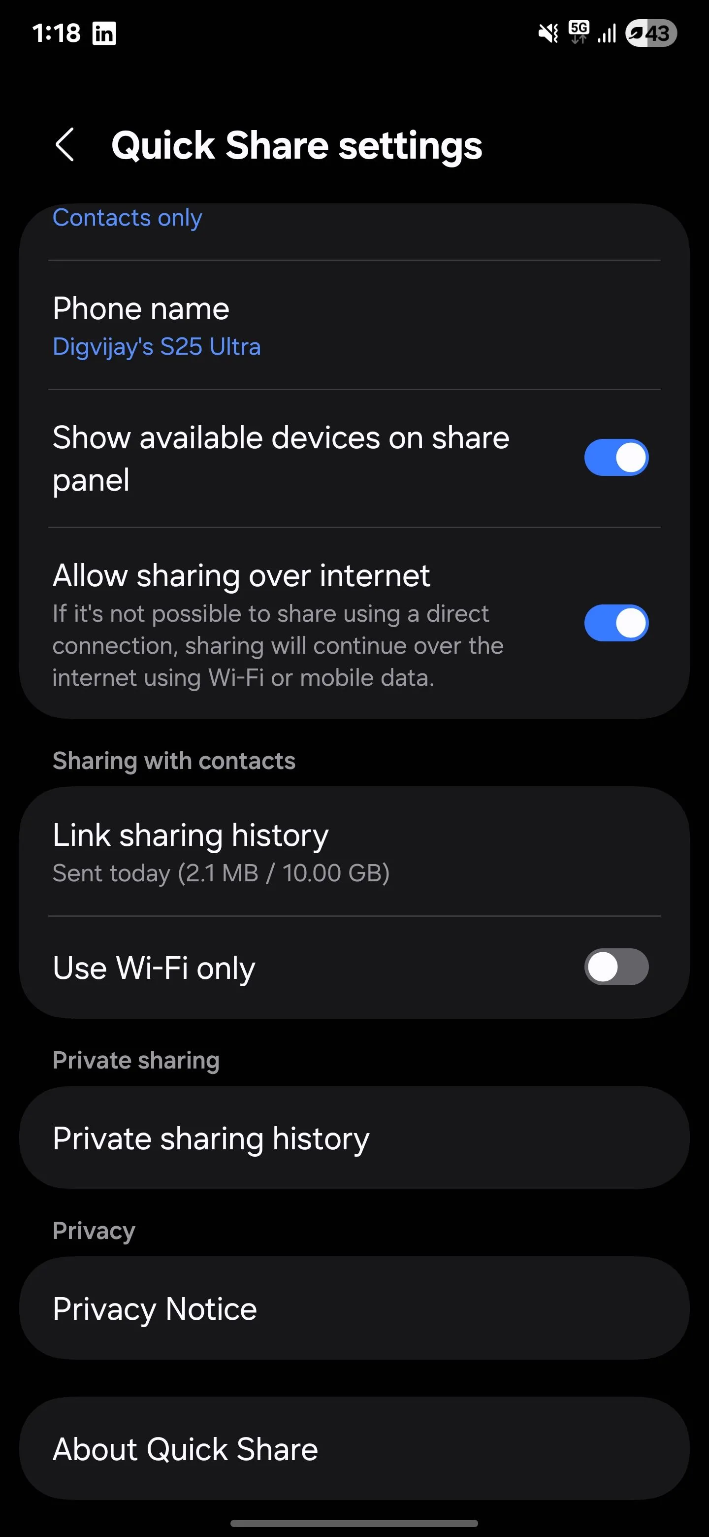 Menu Cài đặt Quick Share trên điện thoại Samsung hiển thị các tùy chọn chia sẻ file