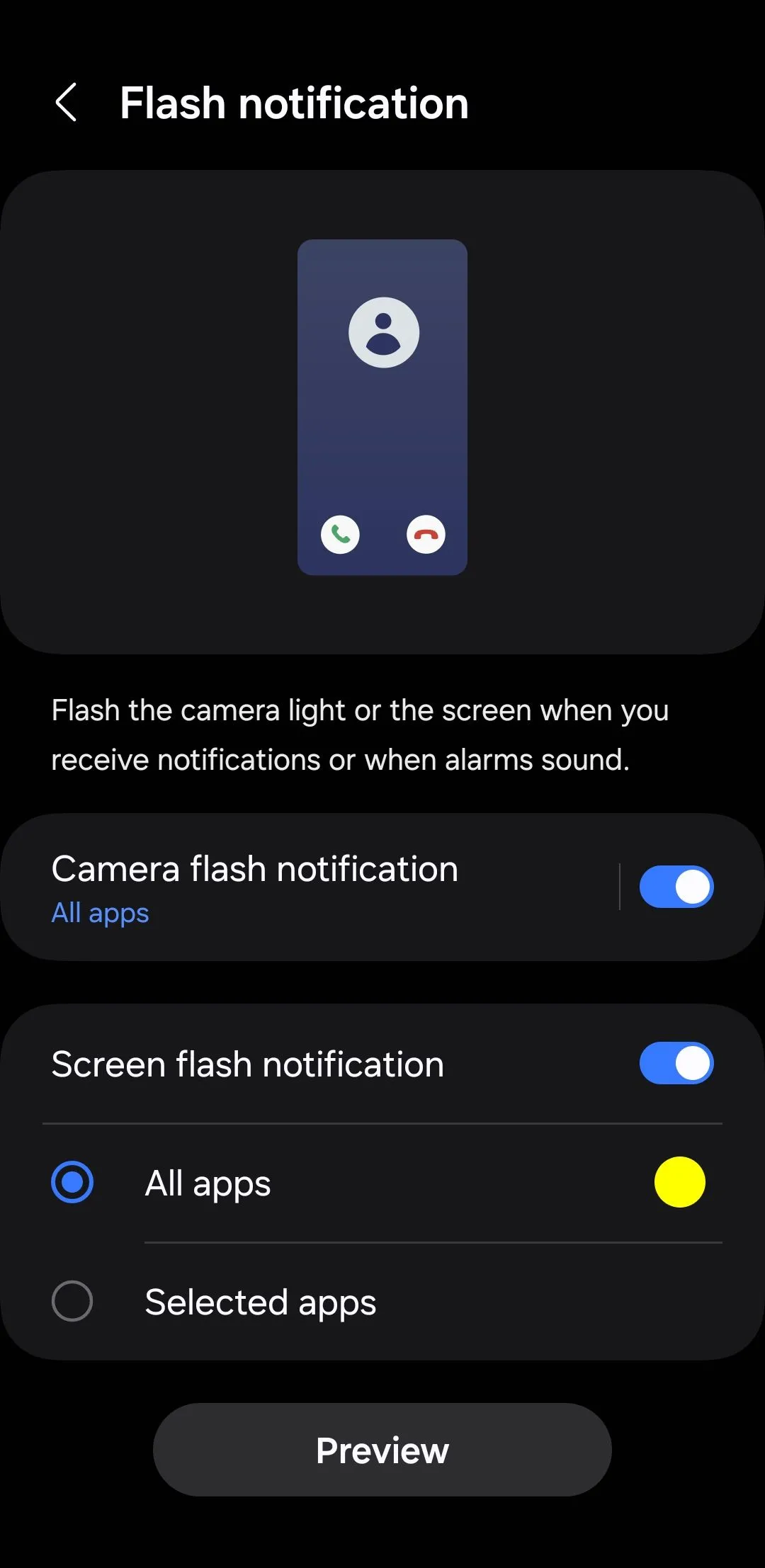 Menu cài đặt thông báo đèn flash của máy ảnh trên điện thoại Android