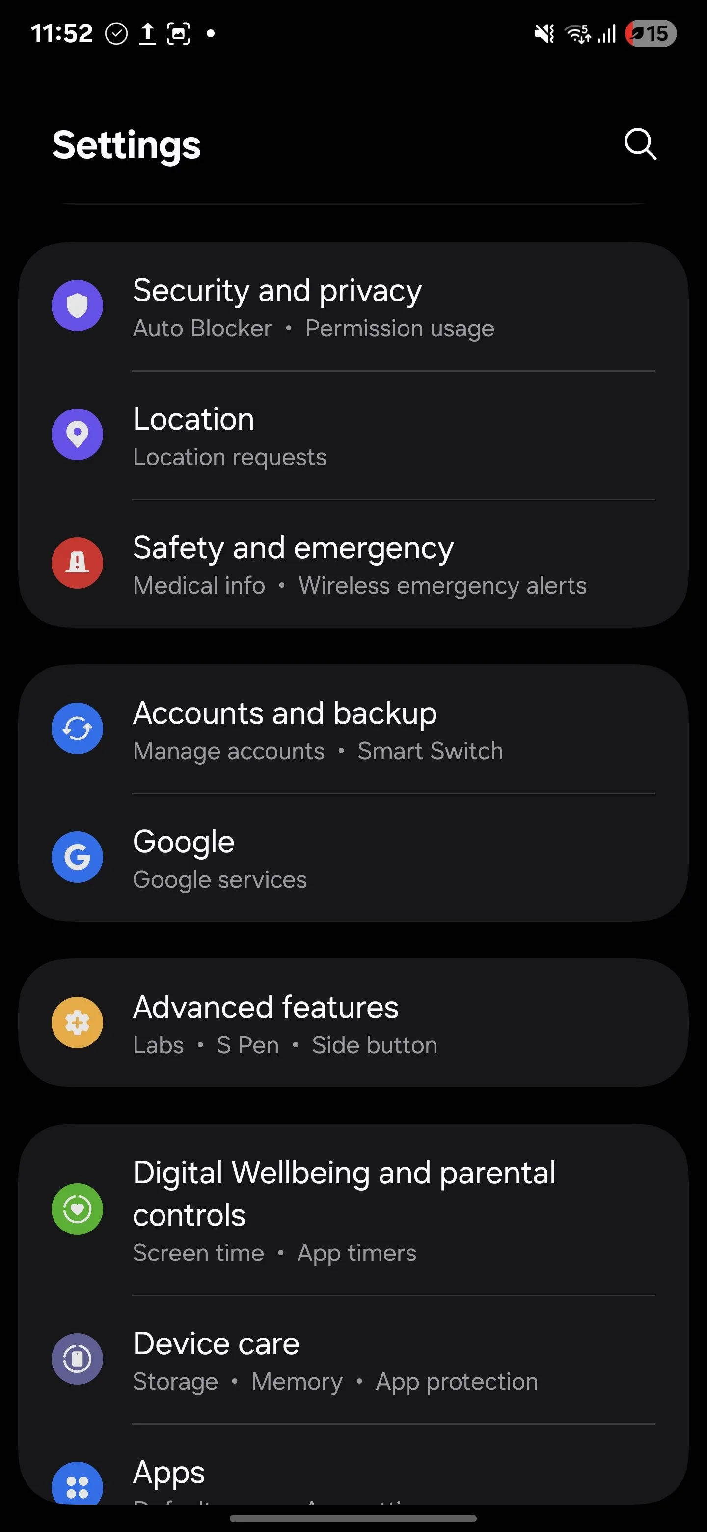 Menu Cài đặt trên điện thoại Samsung S25