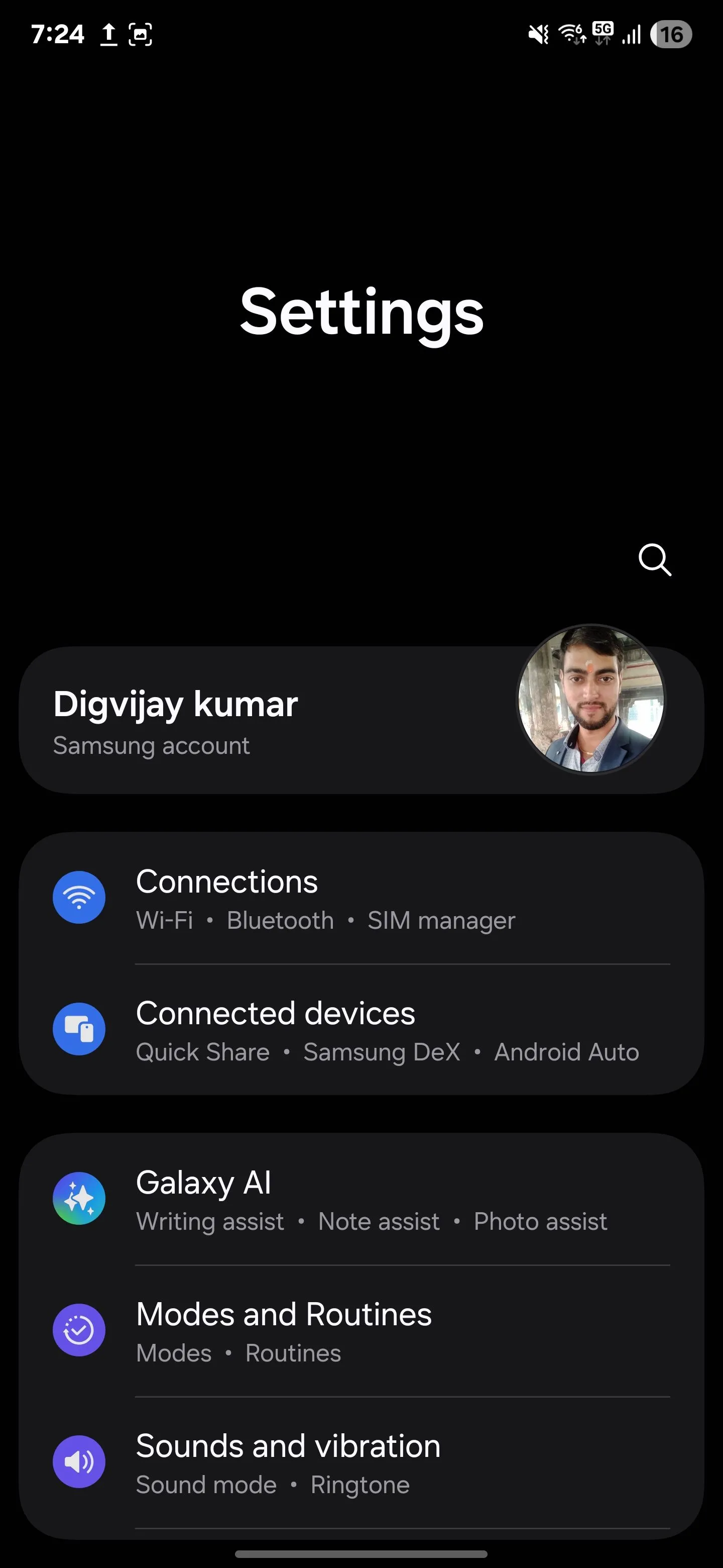 Menu Cài đặt trên điện thoại Samsung