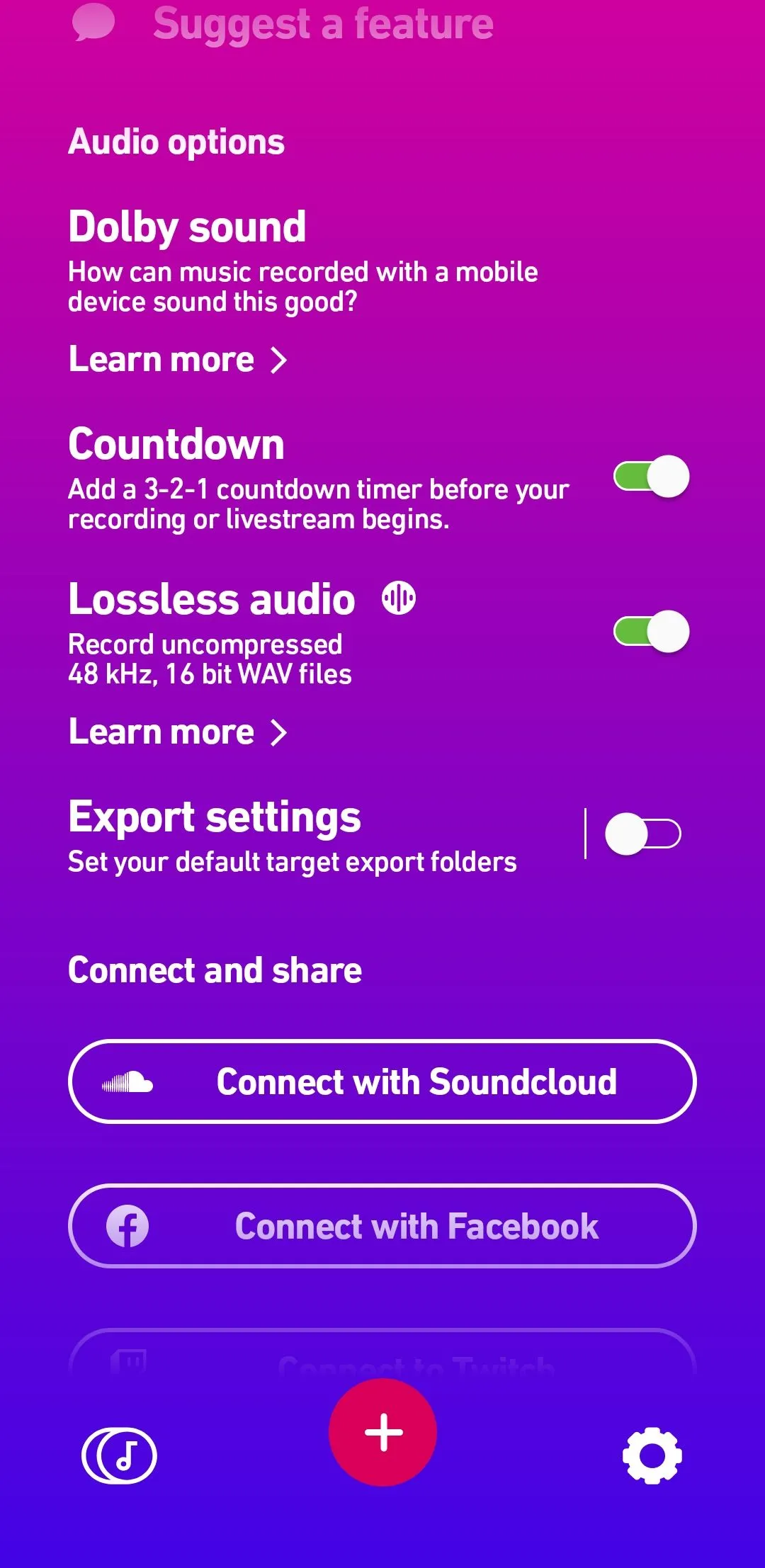 Menu cài đặt trong ứng dụng Dolby On