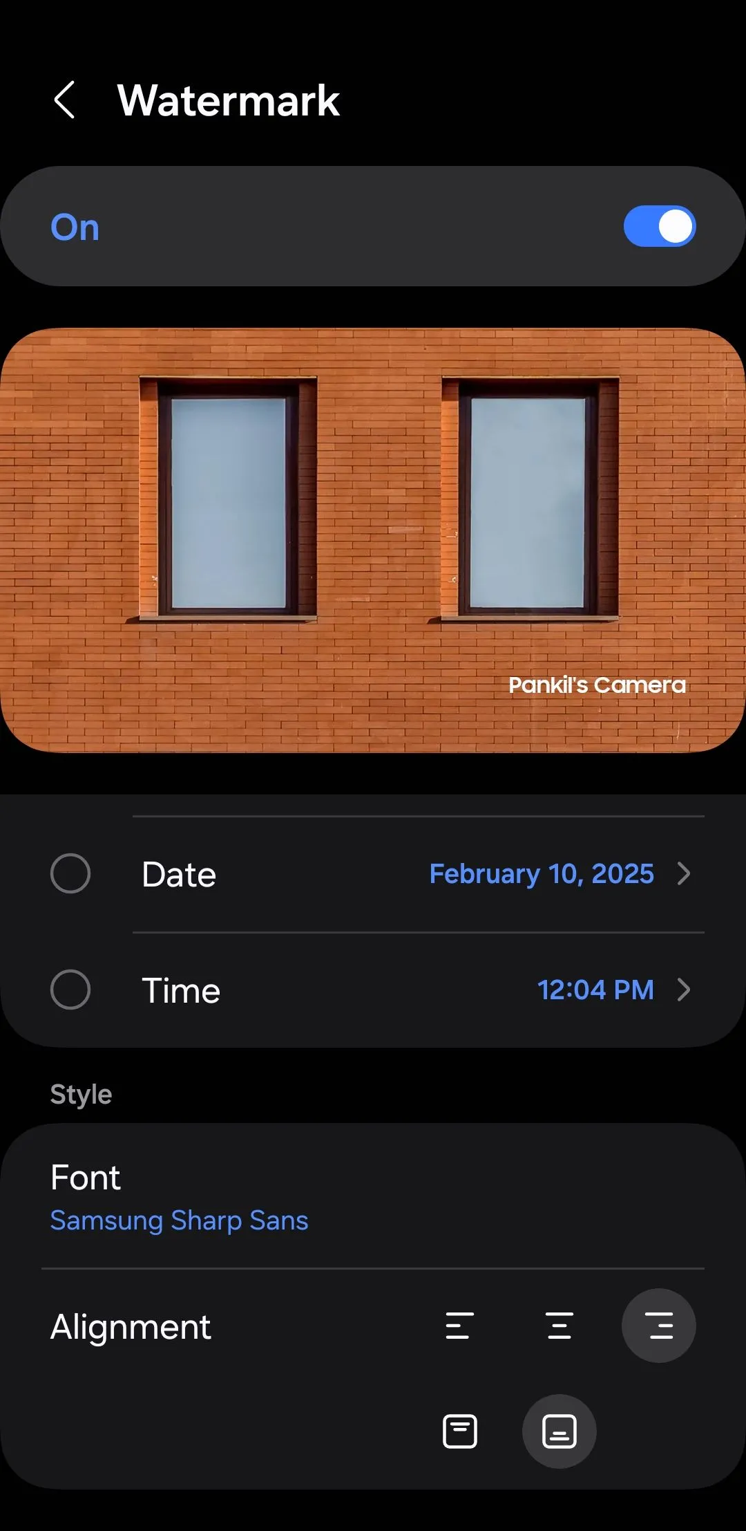 Menu cài đặt Watermark trong ứng dụng Camera Samsung