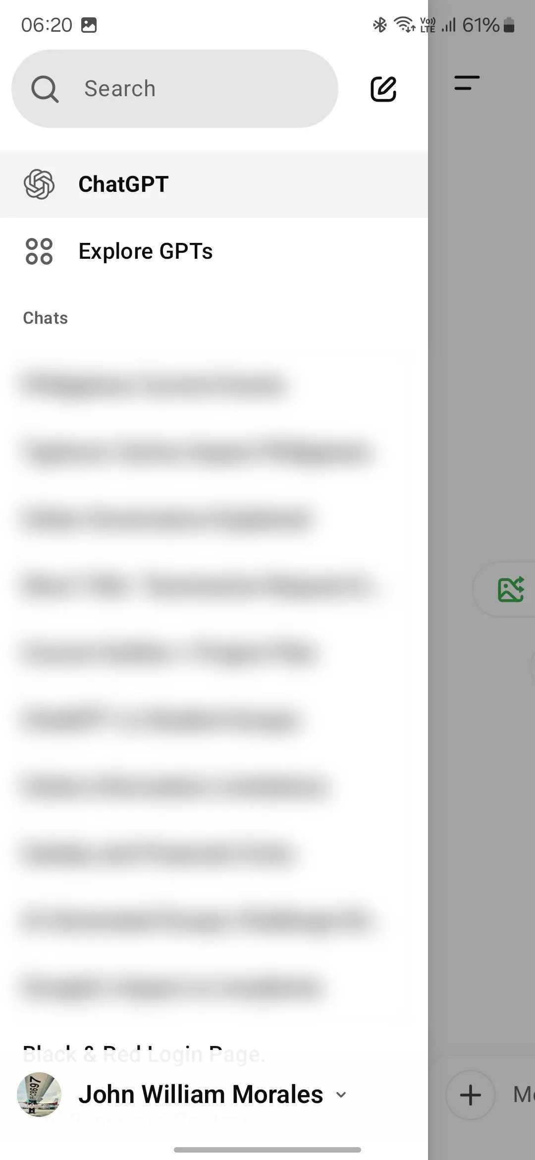 Menu chính của ứng dụng ChatGPT trên Android, nơi truy cập cài đặt.