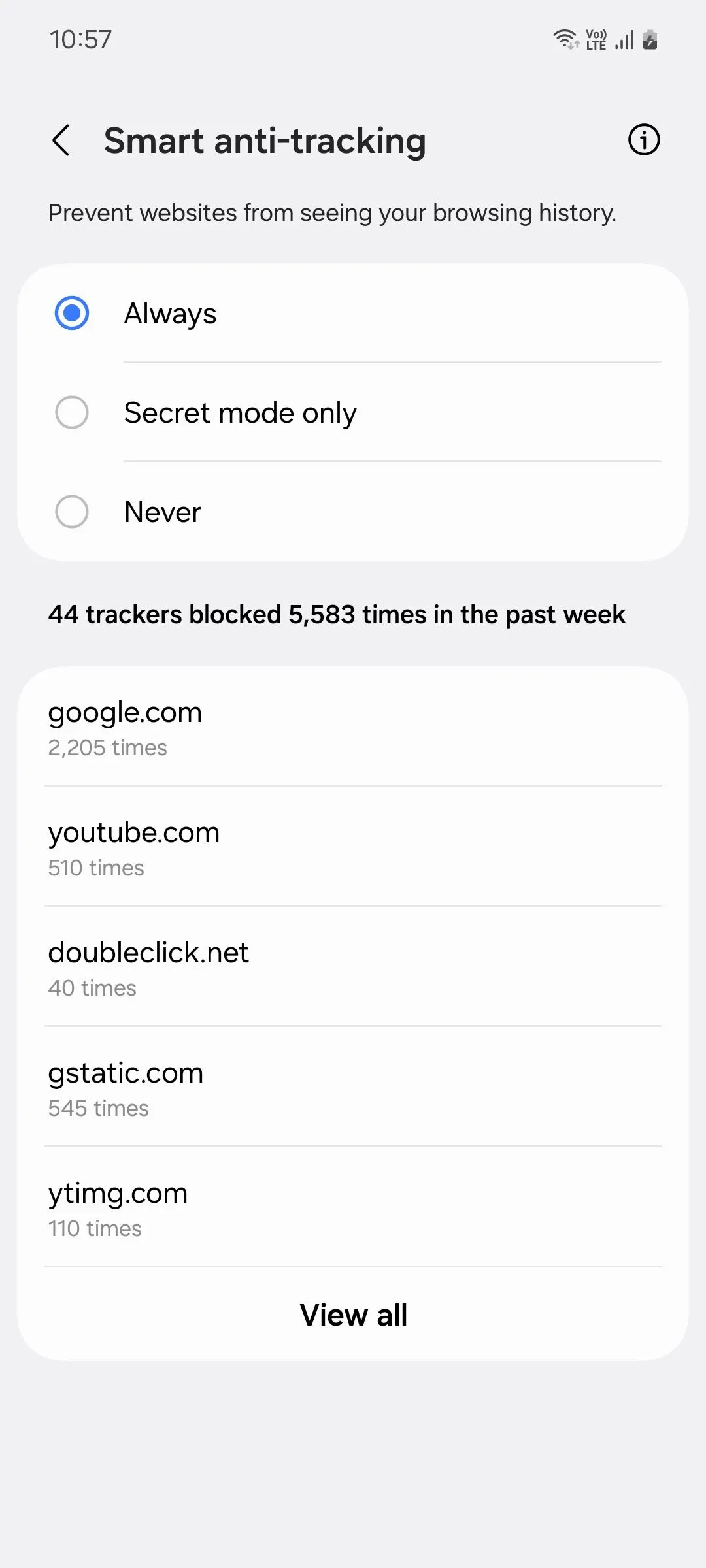 Menu chống theo dõi thông minh (Smart anti-tracking) của Samsung Internet, cho phép người dùng quản lý quyền riêng tư và chặn các trình theo dõi trên web