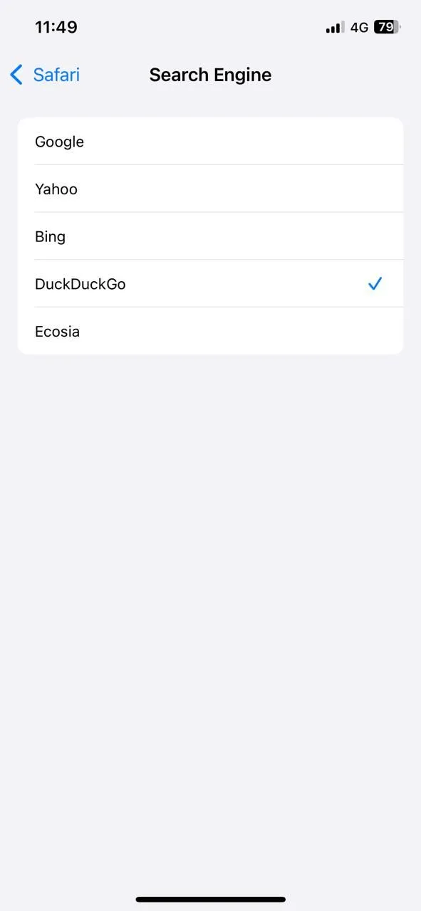 Menu công cụ tìm kiếm mặc định trên iPhone
