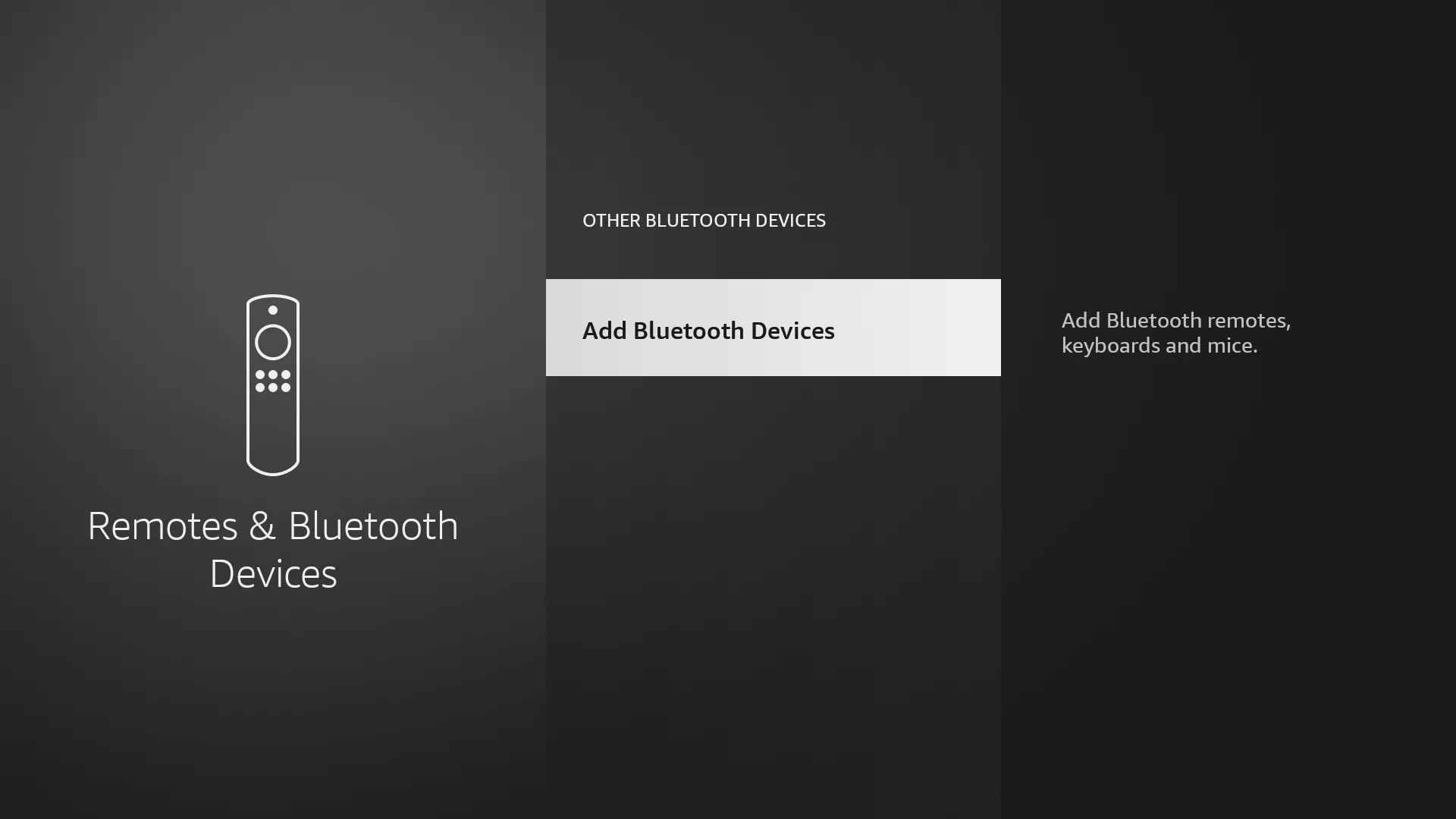 Menu Fire TV hiển thị tùy chọn thêm thiết bị Bluetooth mới để kết nối tai nghe hoặc bàn phím