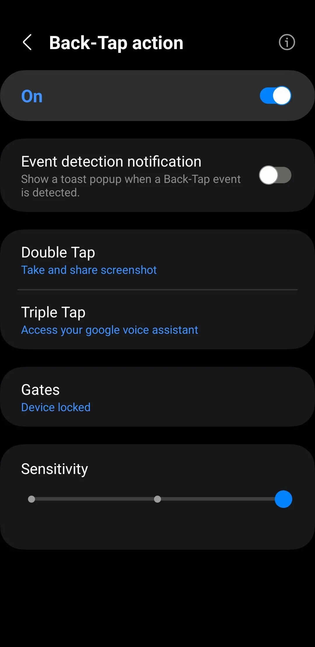 Menu hành động gõ mặt lưng trên điện thoại Samsung