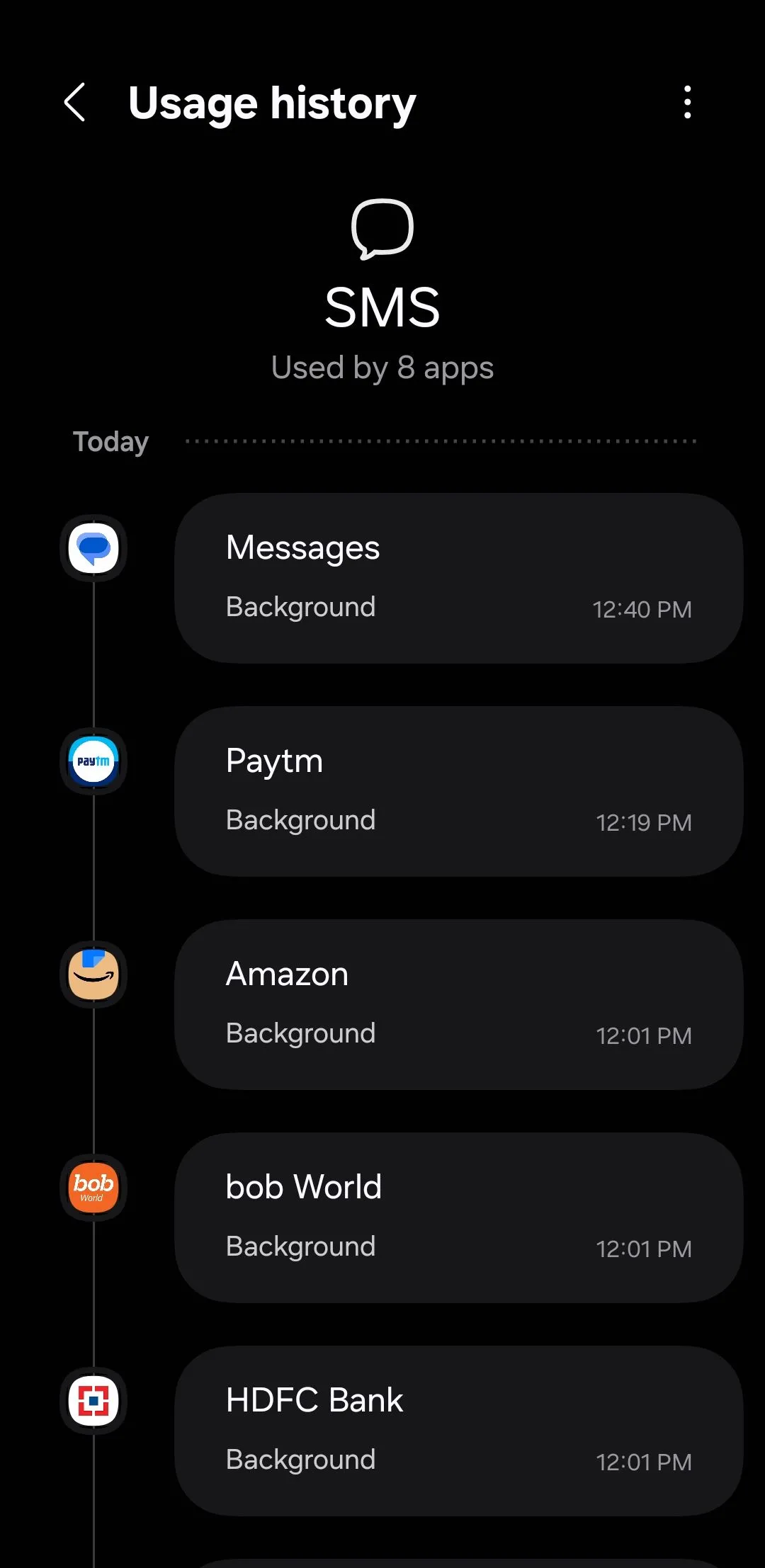 Menu hiển thị quyền sử dụng SMS gần đây trên điện thoại Samsung Galaxy