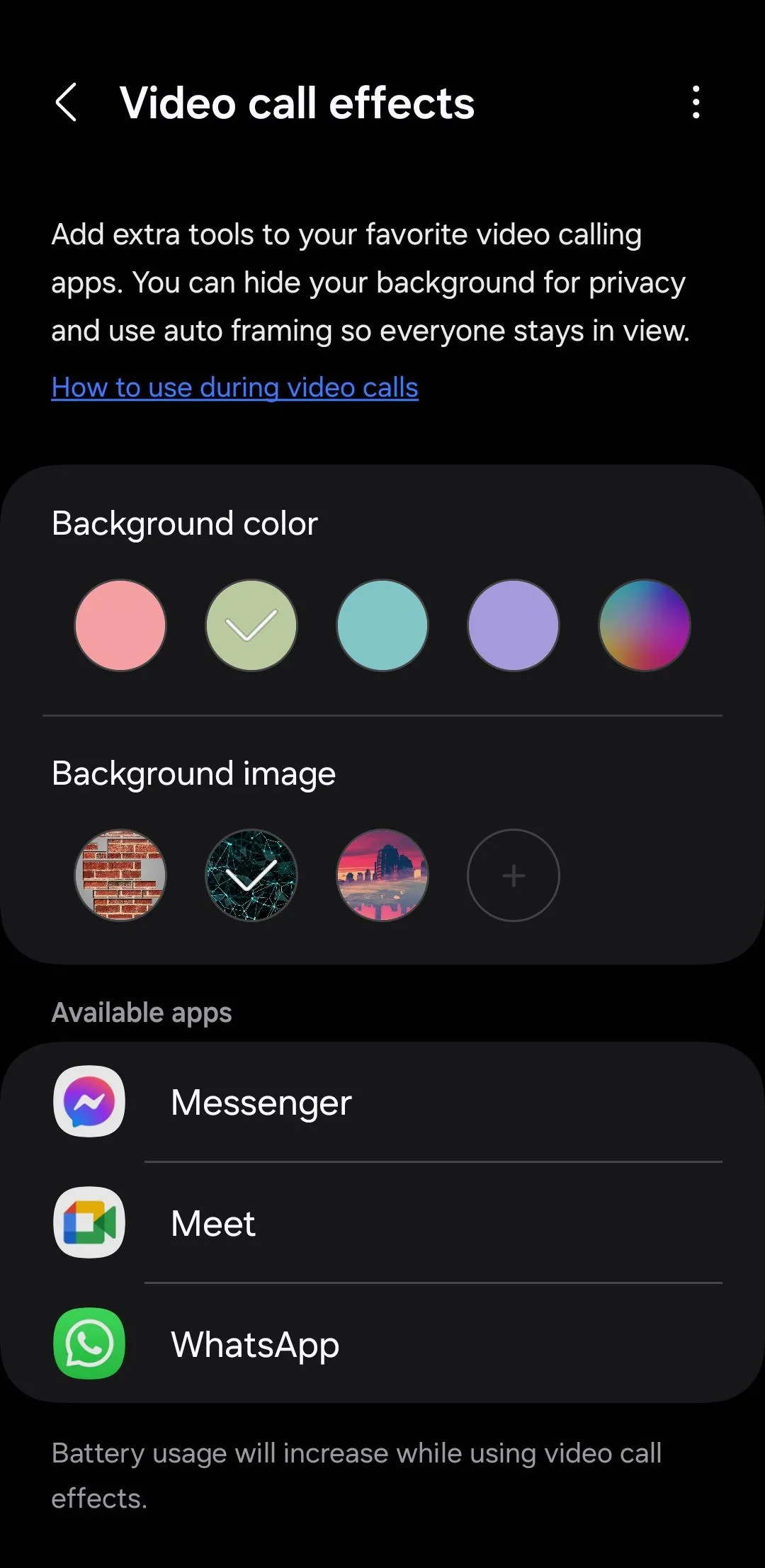 Menu hiệu ứng cuộc gọi video trên điện thoại Samsung, cho phép thay đổi nền hoặc sử dụng tính năng lấy nét tự động trong các ứng dụng gọi video