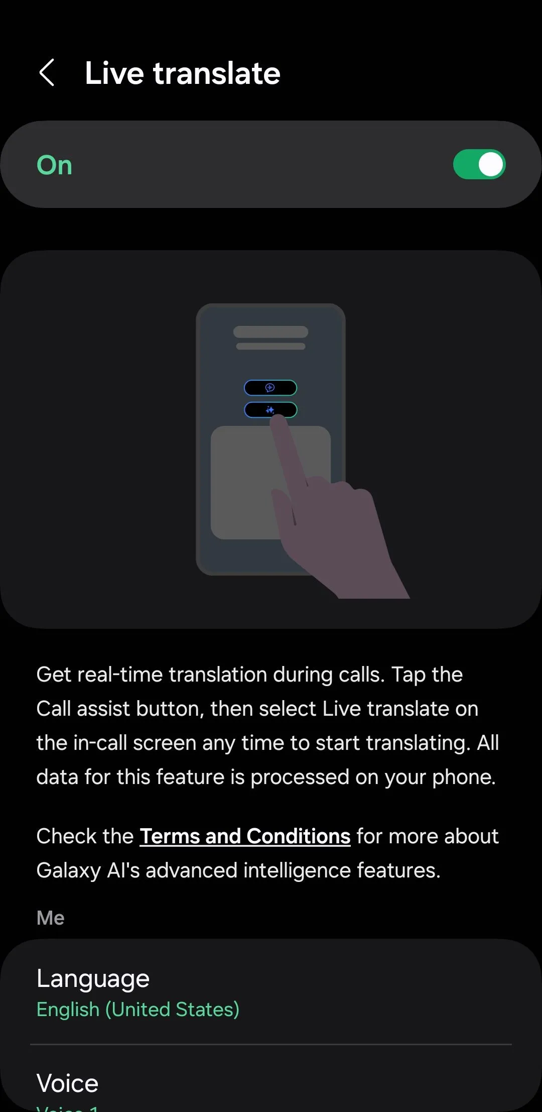 Menu Live Translate trong ứng dụng Điện thoại Samsung