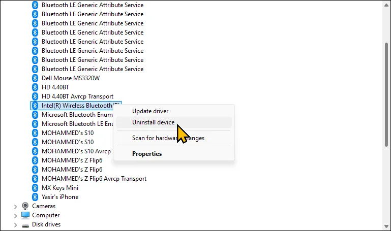 Menu ngữ cảnh của Bộ điều hợp Bluetooth trong Trình quản lý Thiết bị Windows 11