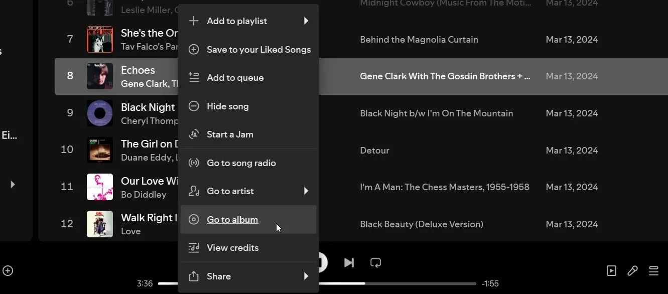 Menu ngữ cảnh trên Spotify với tùy chọn &quot;Go to album&quot; từ một bài hát