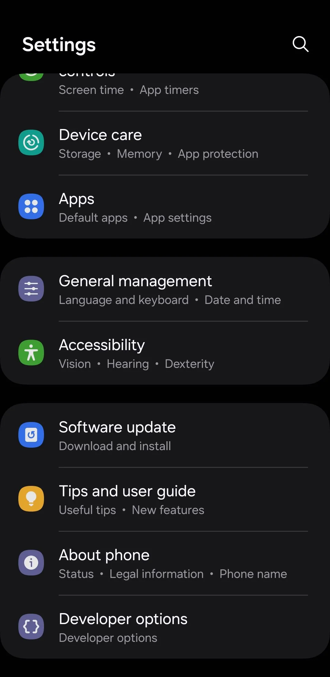 Menu quản lý chung trong cài đặt điện thoại Android