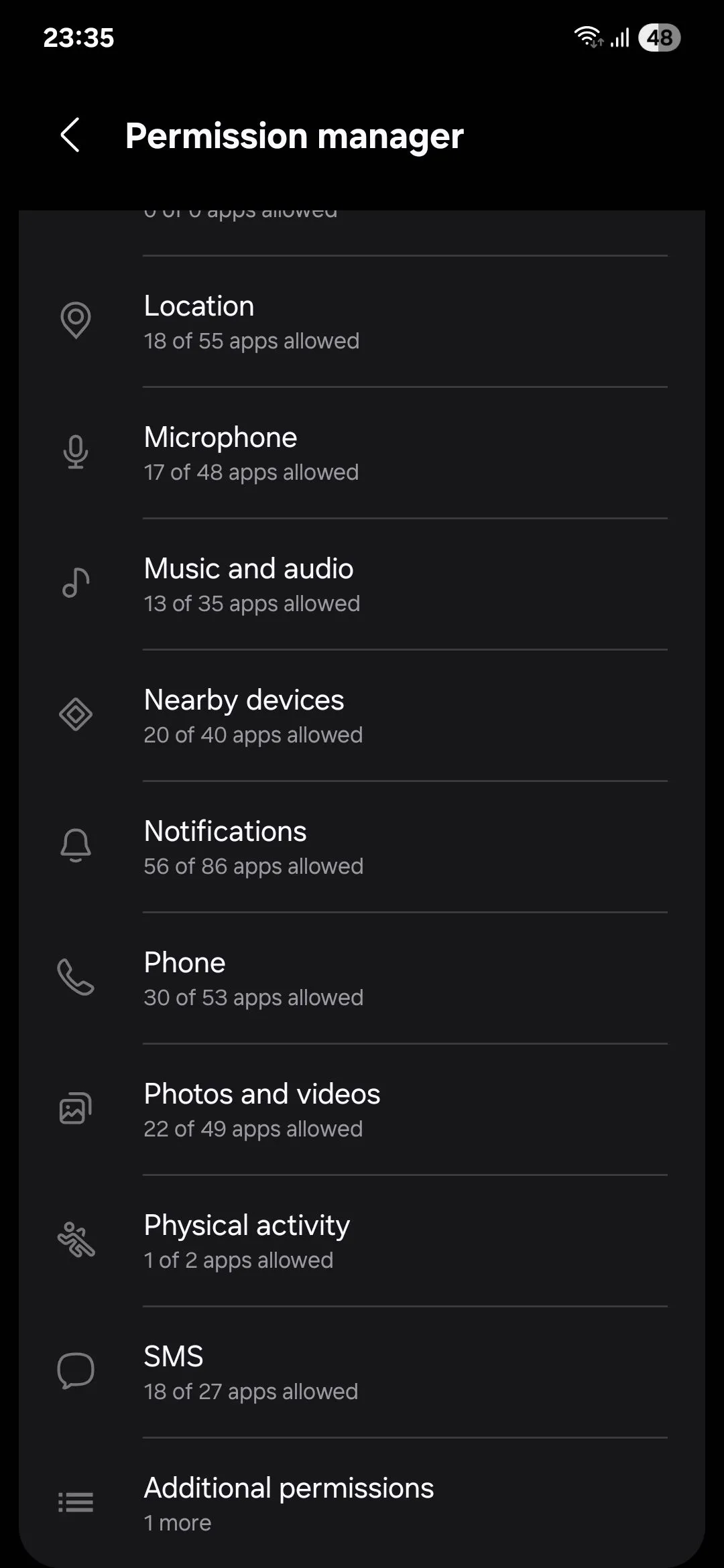 Menu quản lý quyền Samsung