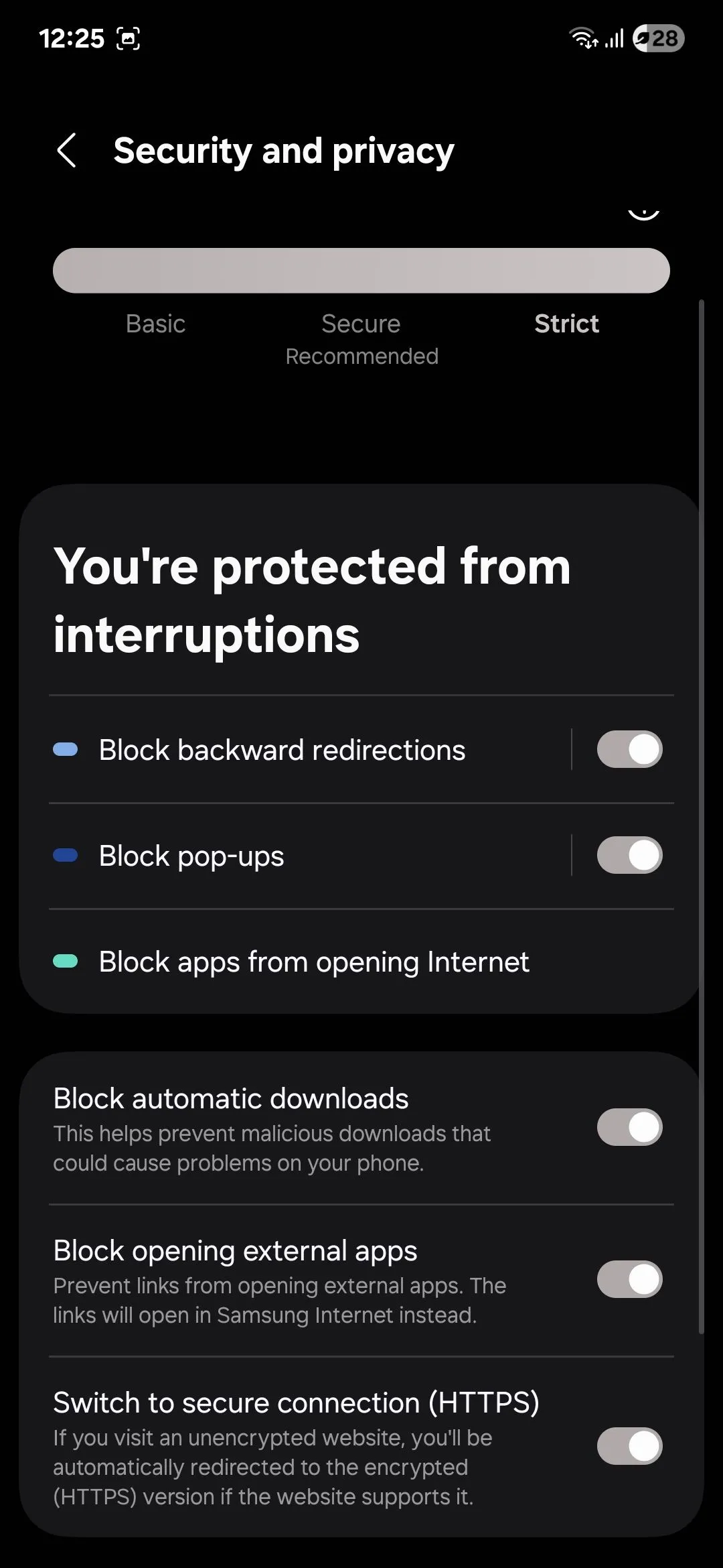 Menu quyền riêng tư của Samsung Internet, nhấn mạnh khả năng bảo vệ dữ liệu người dùng.