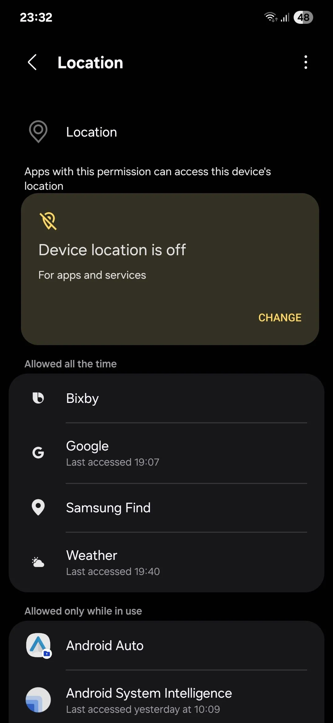Menu quyền vị trí Samsung