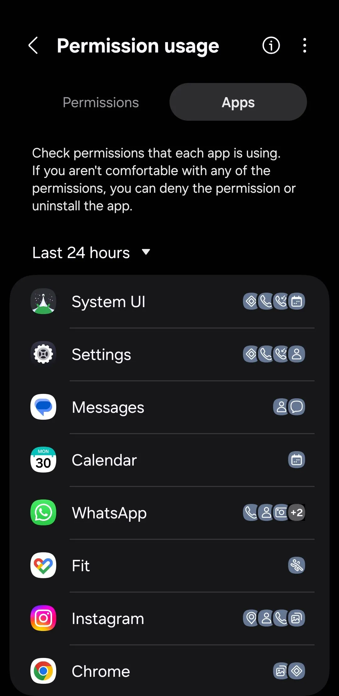 Menu sử dụng quyền hiển thị theo ứng dụng trong Privacy Dashboard của Samsung