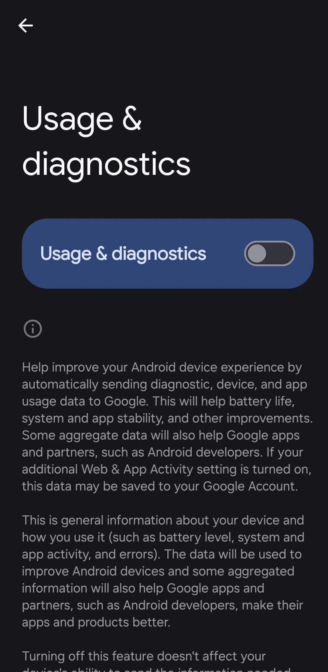 Menu sử dụng và chẩn đoán trên điện thoại Android, nơi tắt tính năng gửi dữ liệu cho Google.