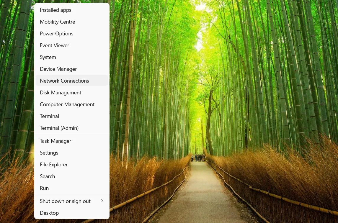 Menu Truy cập Nhanh (Win + X) hiển thị tùy chọn &quot;Network Connections&quot; được chọn