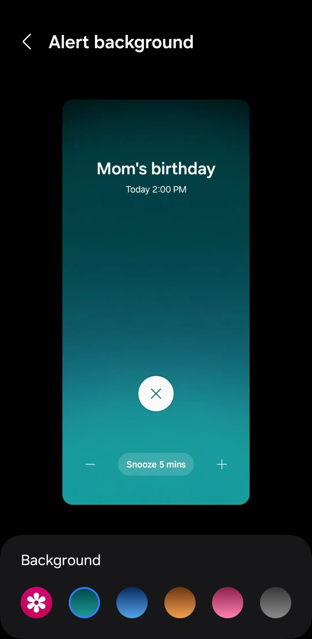 Menu tùy chỉnh hình nền cảnh báo trong Lịch Samsung