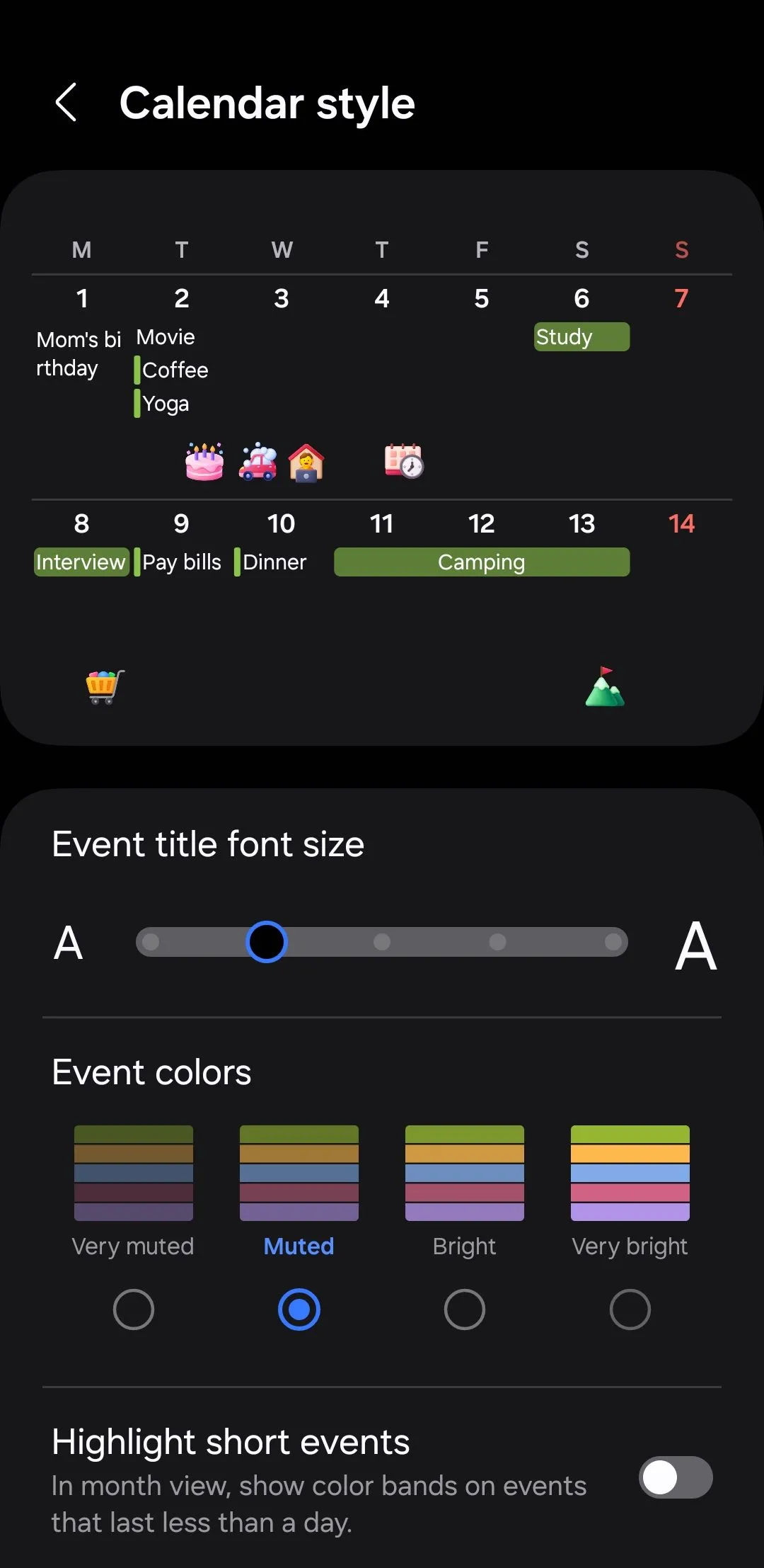 Menu tùy chỉnh kiểu lịch trong ứng dụng Lịch Samsung