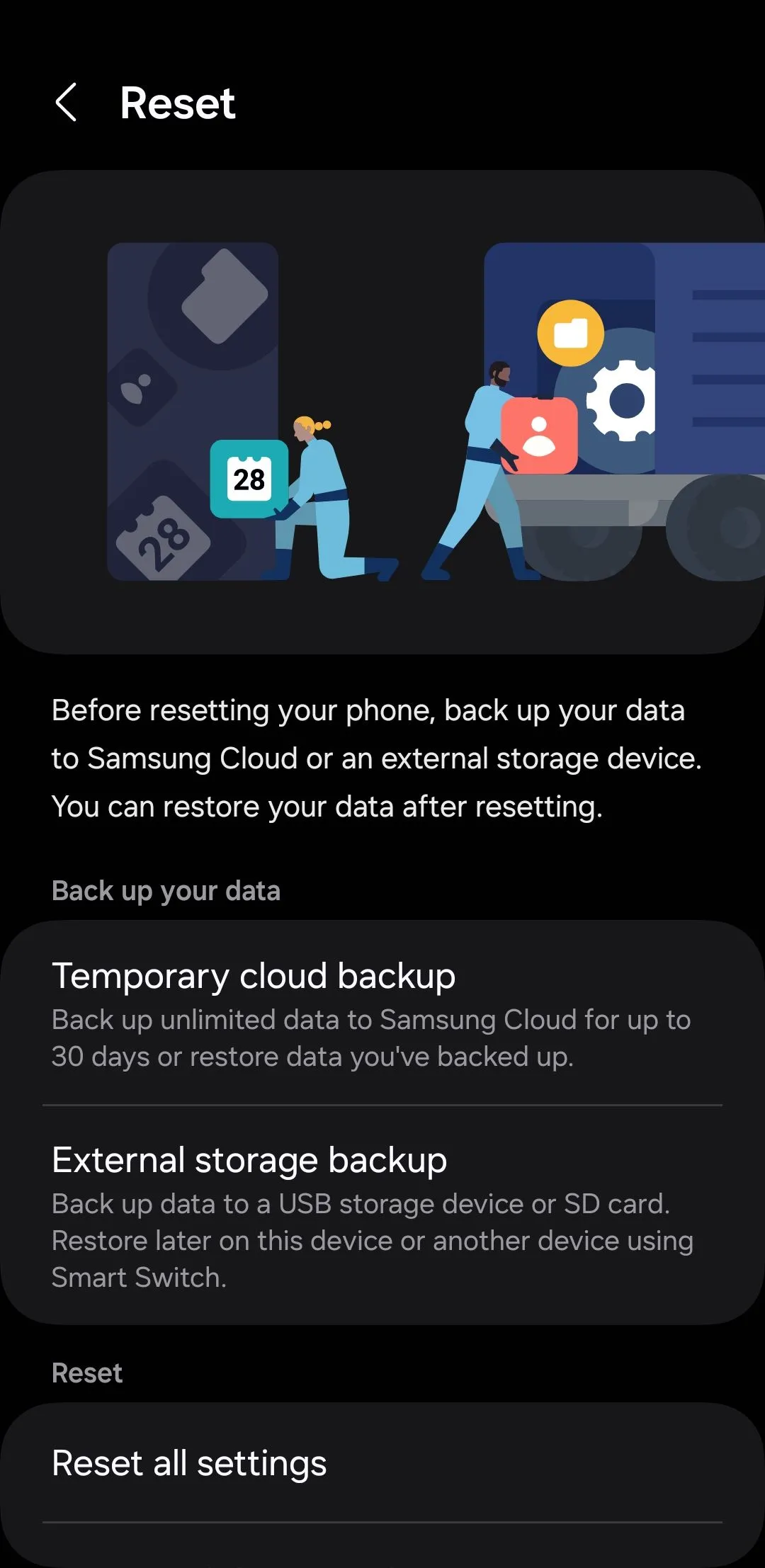 Menu tùy chọn cài đặt lại trên điện thoại Samsung