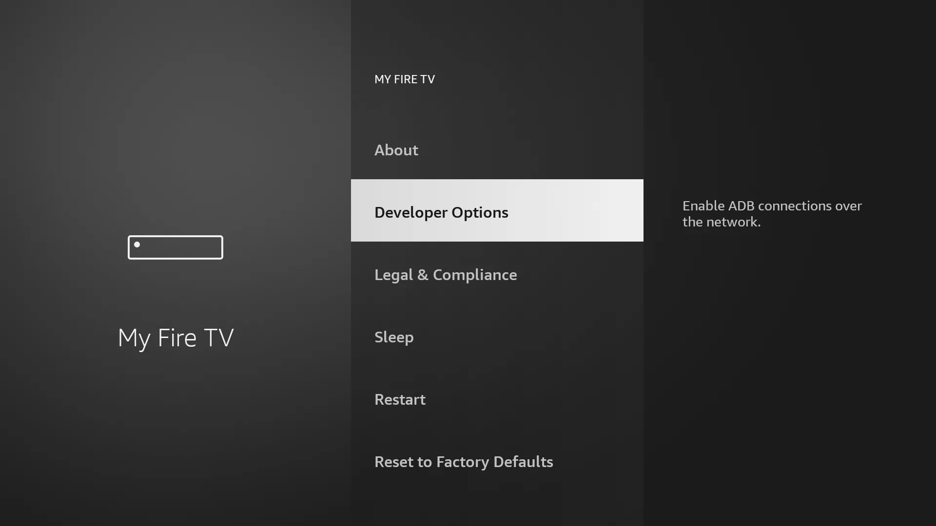 Menu Tùy chọn nhà phát triển được làm nổi bật trong cài đặt Fire TV, mở khóa tính năng nâng cao