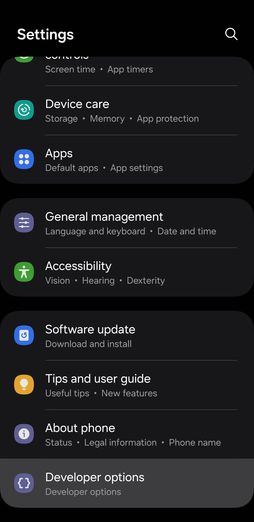 Menu Tùy chọn nhà phát triển trên điện thoại Android