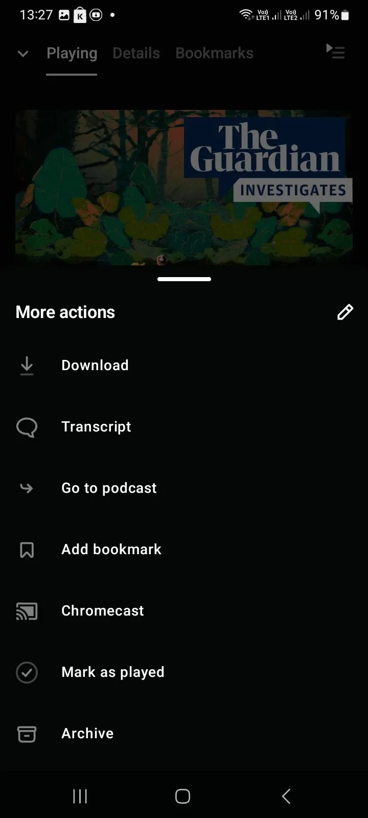 Menu tùy chọn trong ứng dụng Pocket Casts trên điện thoại, hiển thị lựa chọn truyền phát qua Chromecast