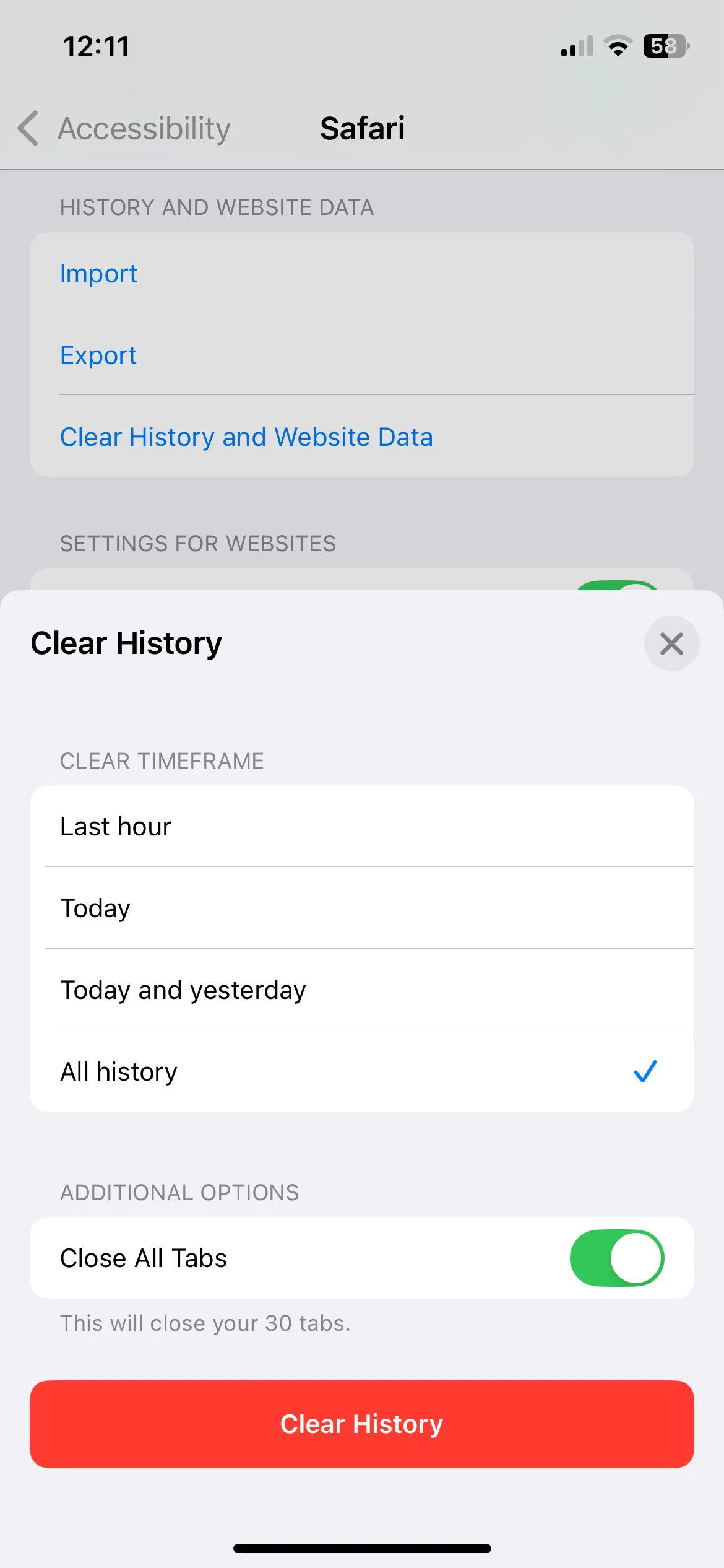 Menu xóa lịch sử và dữ liệu trang web của Safari trên iPhone