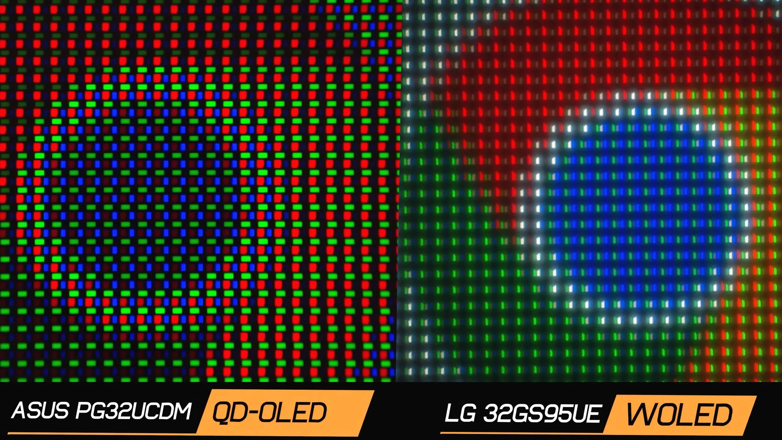Minh họa các bố cục subpixel OLED khác nhau trên màn hình Asus và LG